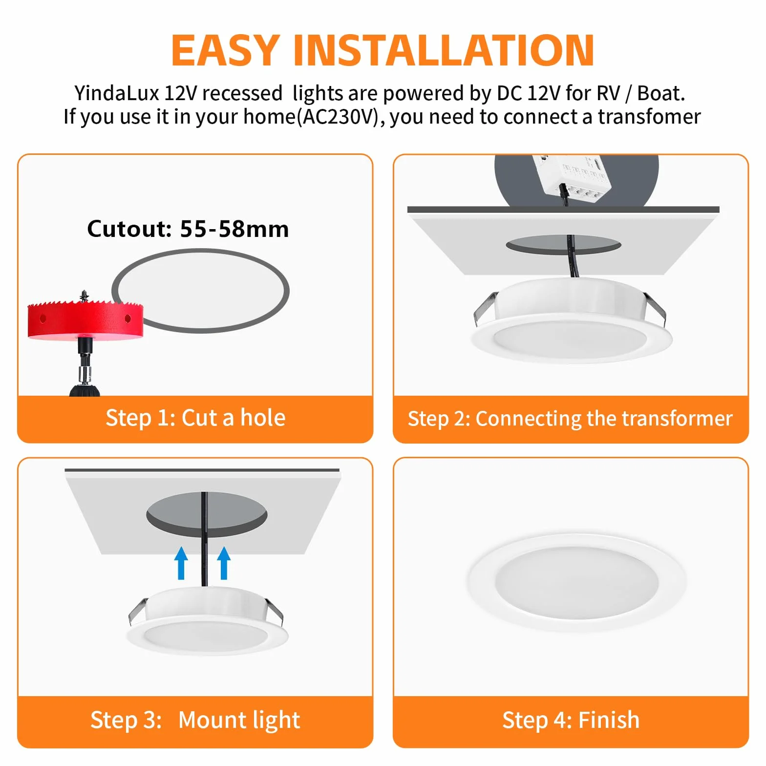 YindaLux Reflektor LED do zabudowy 12V 3000K ciepła biel ściemnialny 3W ekstra płaski otwór 55-58mm aluminium zestaw 3
