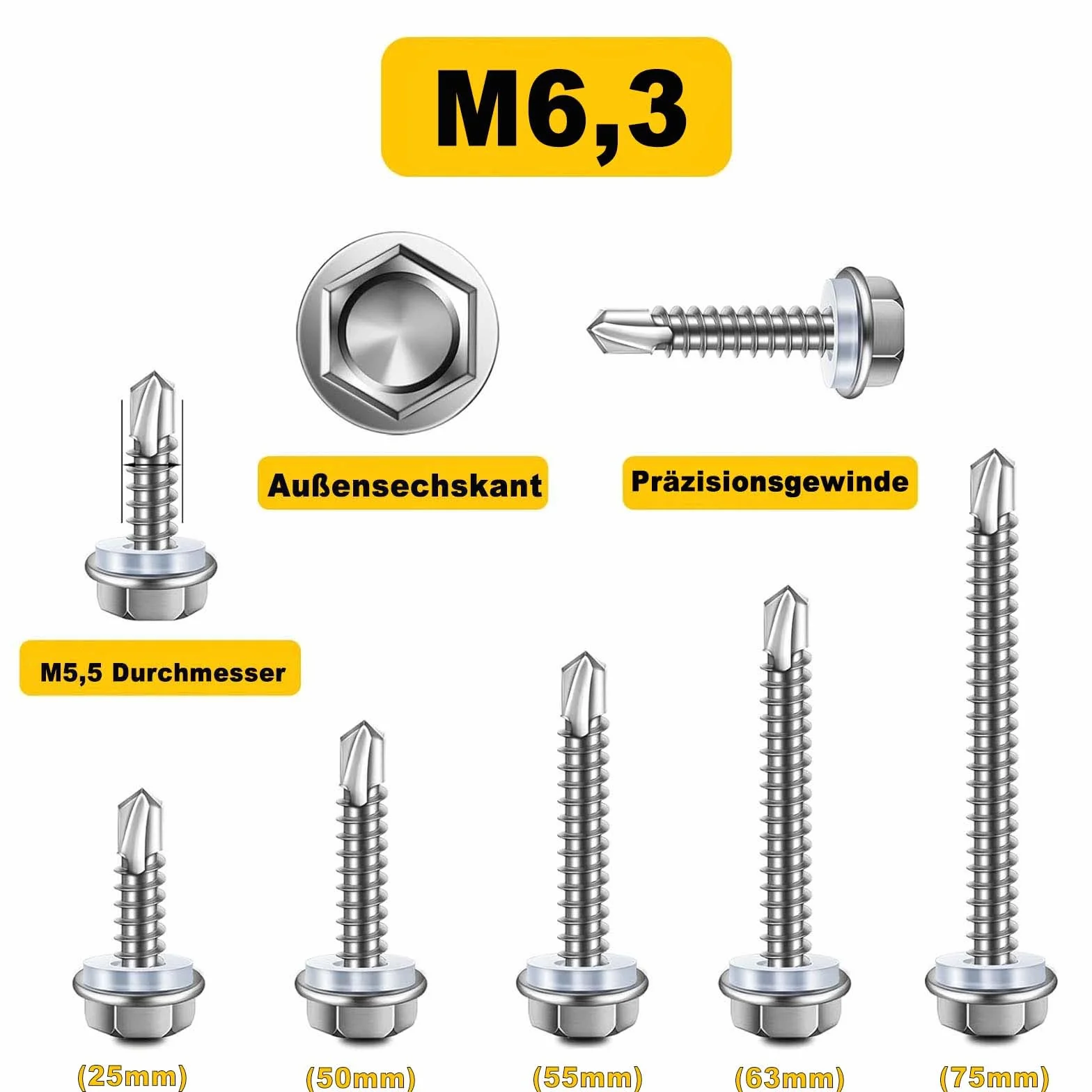 Wkręty samogwintujące 6,3 x 75 mm ze stali nierdzewnej, łeb sześciokątny, z podkładką uszczelniającą