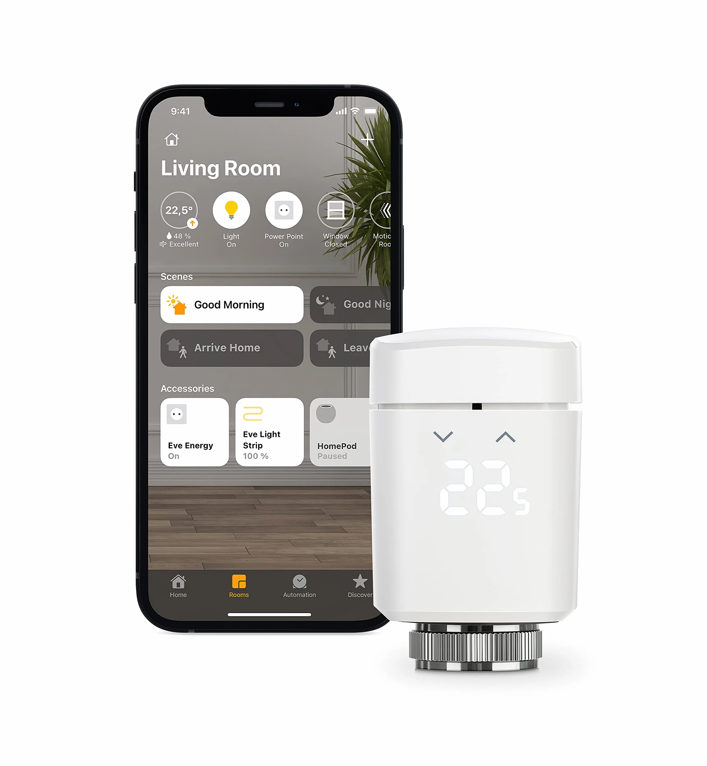 Eve Thermo (Apple Home) – inteligentny termostat grzejnikowy, oszczędność kosztów ogrzewania, nowoczesne sterowanie ogrzewaniem (aplikacja/harmonogramy/obecność), łatwy montaż, do popularnych zaworów