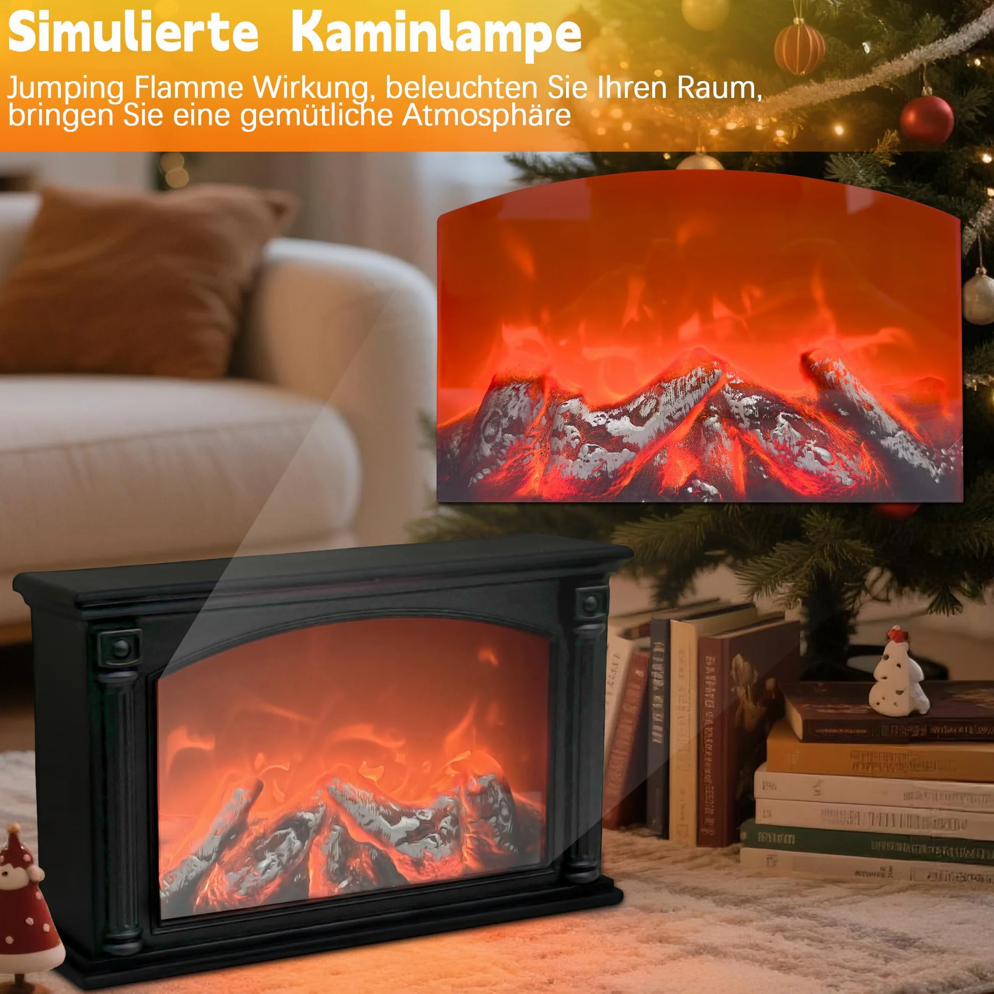 Kominek LED z efektem płomienia, zasilany USB i bateriami, lampa kominkowa stołowa