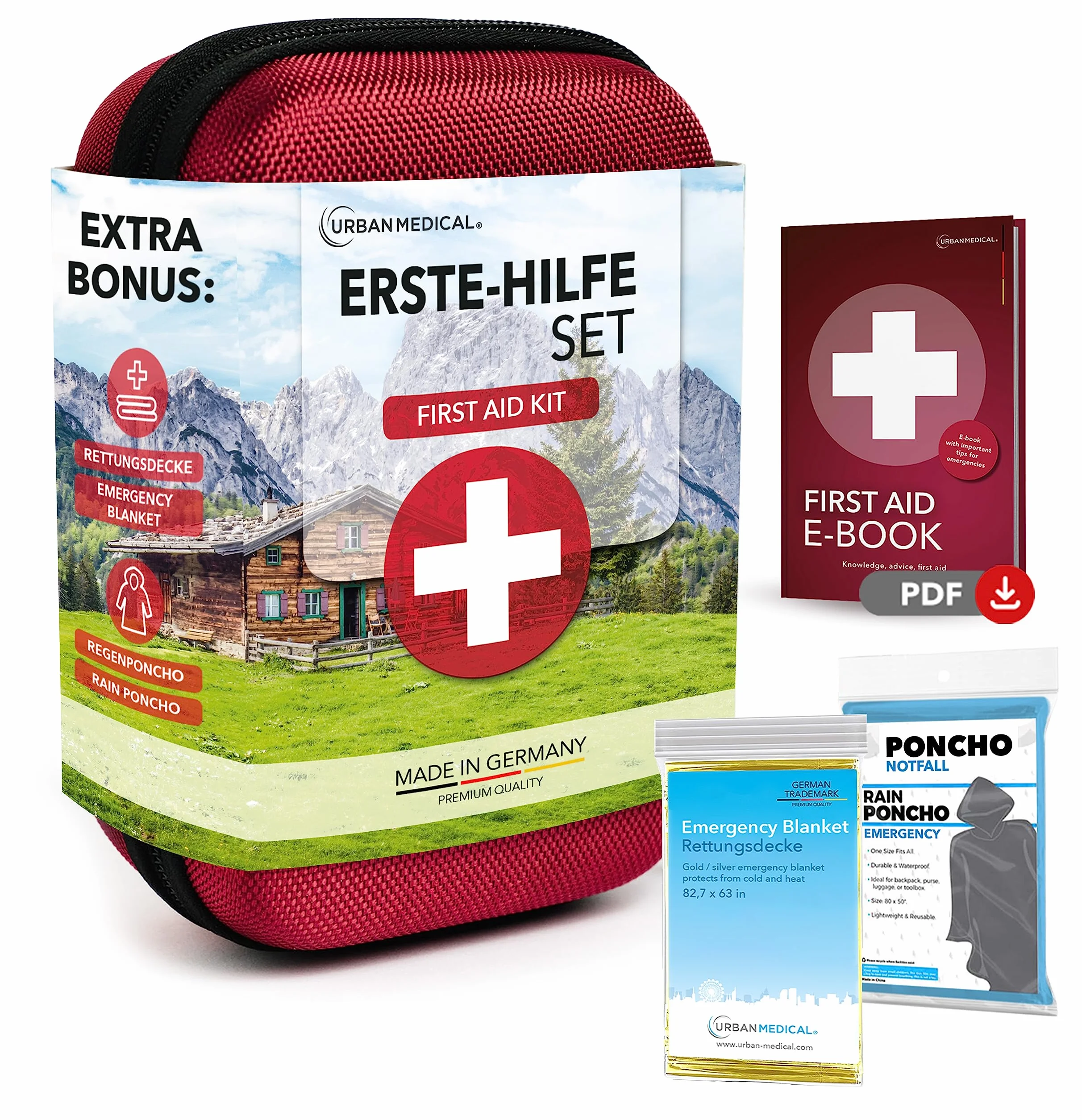Zestaw Pierwszej Pomocy Outdoor | Zawartość z Niemiec | Survivalowy Kit - Kocem Ratunkowym + Poncho Przeciwdeszczowe | Apteczka Pierwszej Pomocy w Podróży, Sporcie i Domu