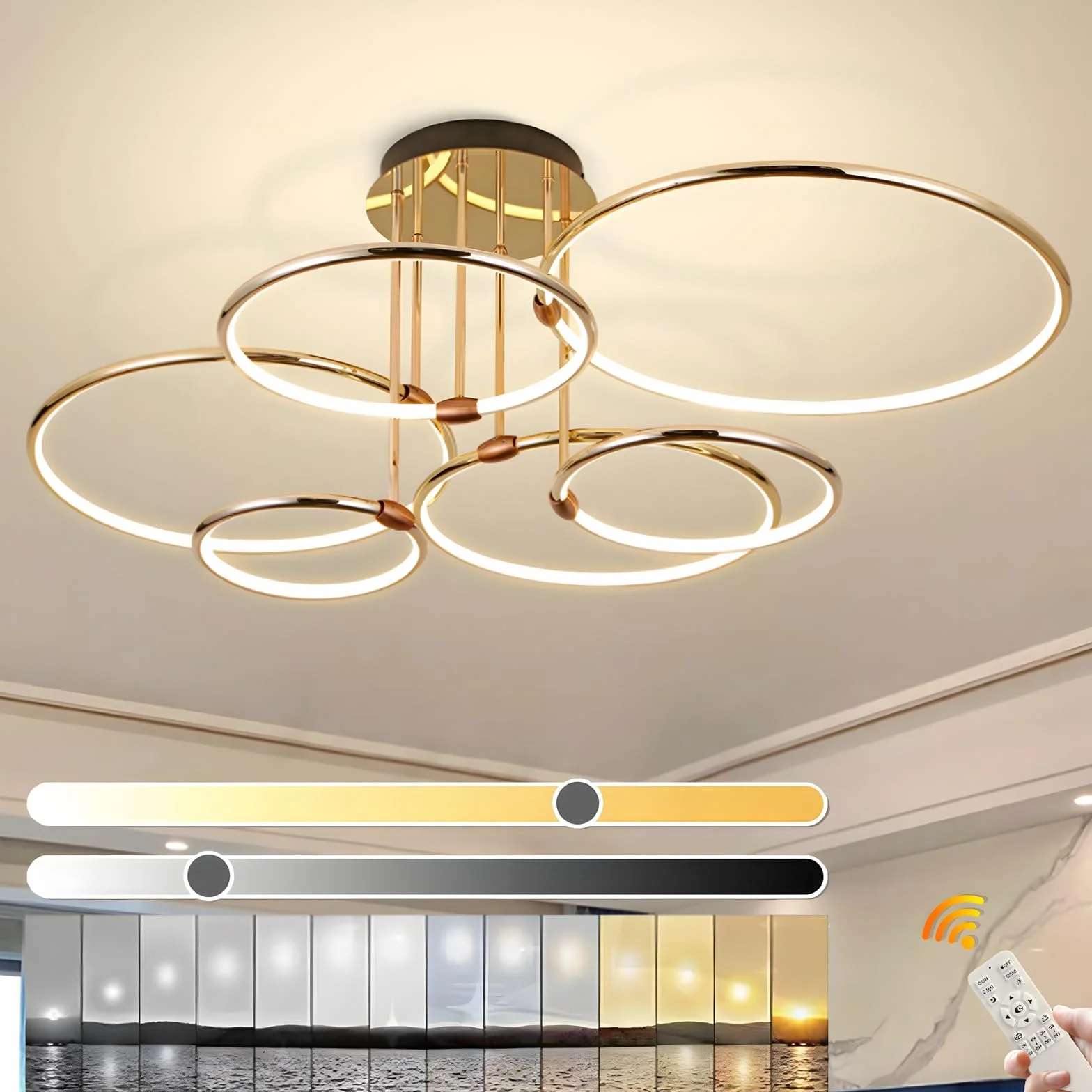 LED Lampa Sufitowa Żyrandol Metalowego Koła Złoty Ø105cm 145W Płynną Regulacją Ściemniania 3000-6000K Nowoczesny Okrągły Wisiorek Galwaniczny