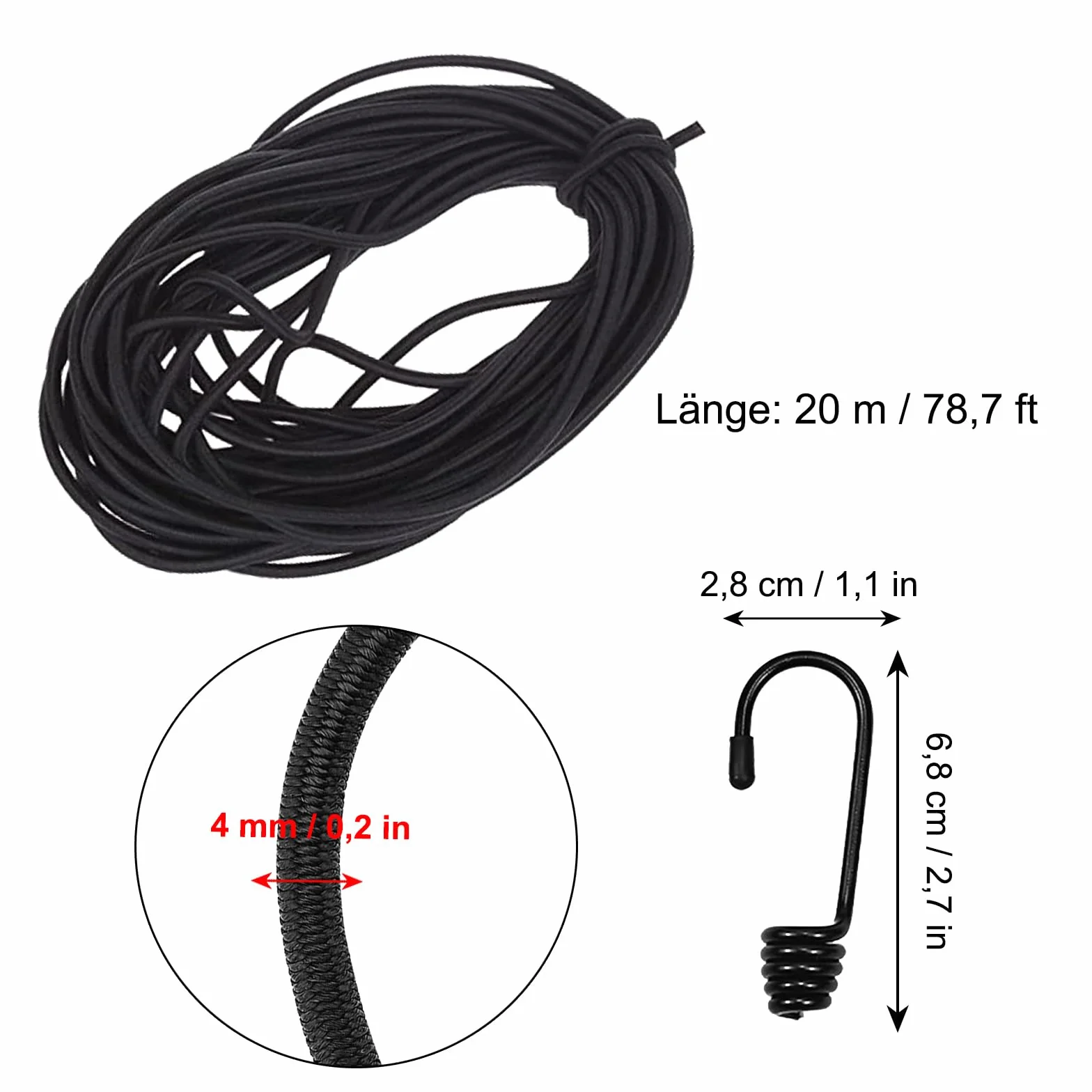 Sznurek gumowy 4mm×20m z hakami do kempingu i plandek