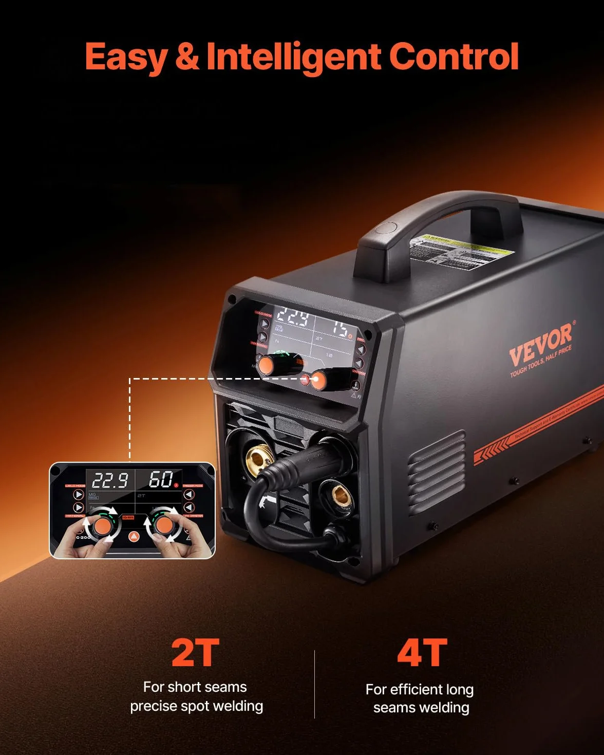 VEVOR Spawarka MIG 200 A Synergiczna Przenośna Gazowa Bezgazowa MMA 5 w 1 Inverter IGBT Wyświetlacz LCD