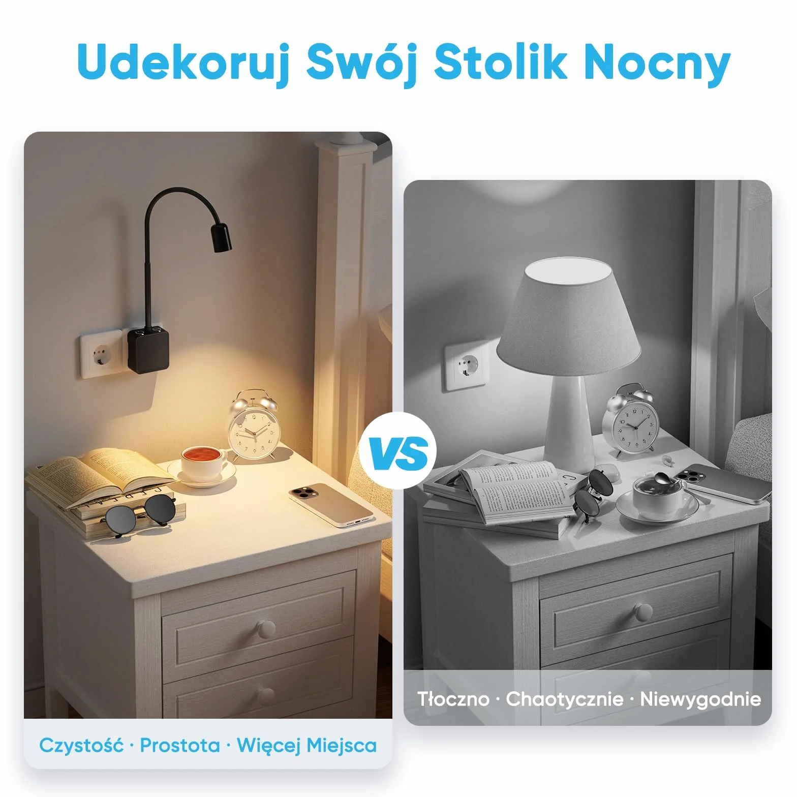 Lampka Nocna LED do Czytania Ściemnialna Kinkiet Ścienny Czarny 3 Tryby Kolorów 50°