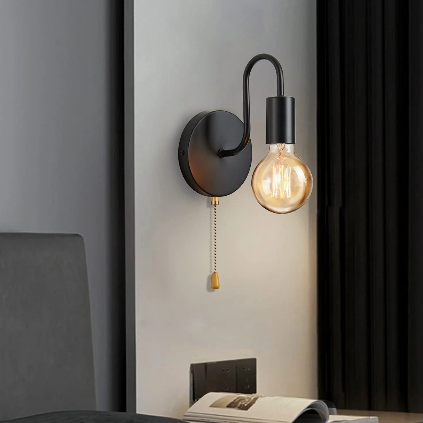 Lightess Lampa ścienna vintage E27 czarna metalowa industrialna retro z przełącznikiem