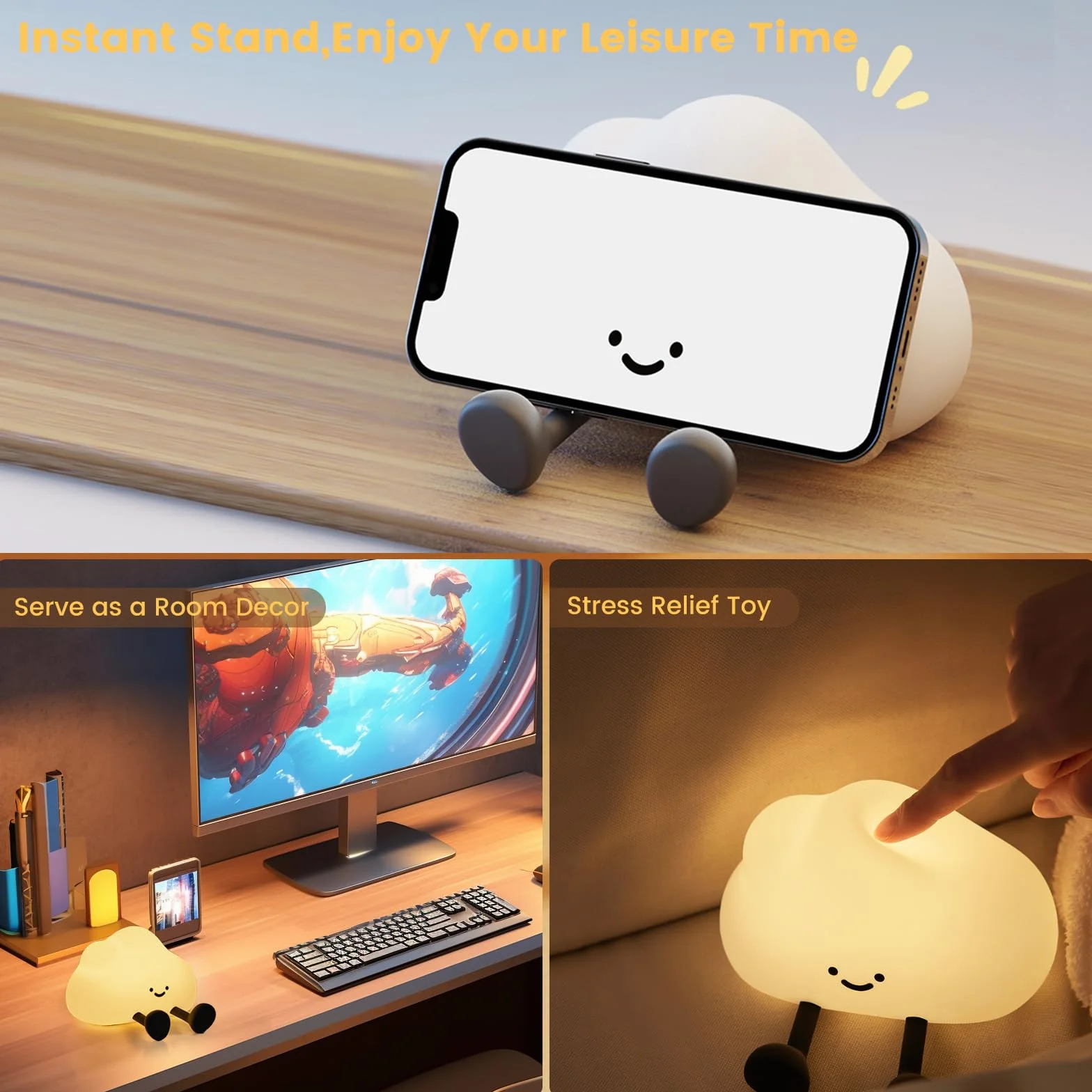 Sevimli Silikon Bulut Gece Lambası, Ayarlanabilir LED Dokunmatik Lamba, USB ile Şarj Edilebilir Yatak Lambası, Sıkılabilir Lamba, Bebek Odası, Çocuk Yatak Odası Dekorasyonu ve Hediyeler(Cloud)
