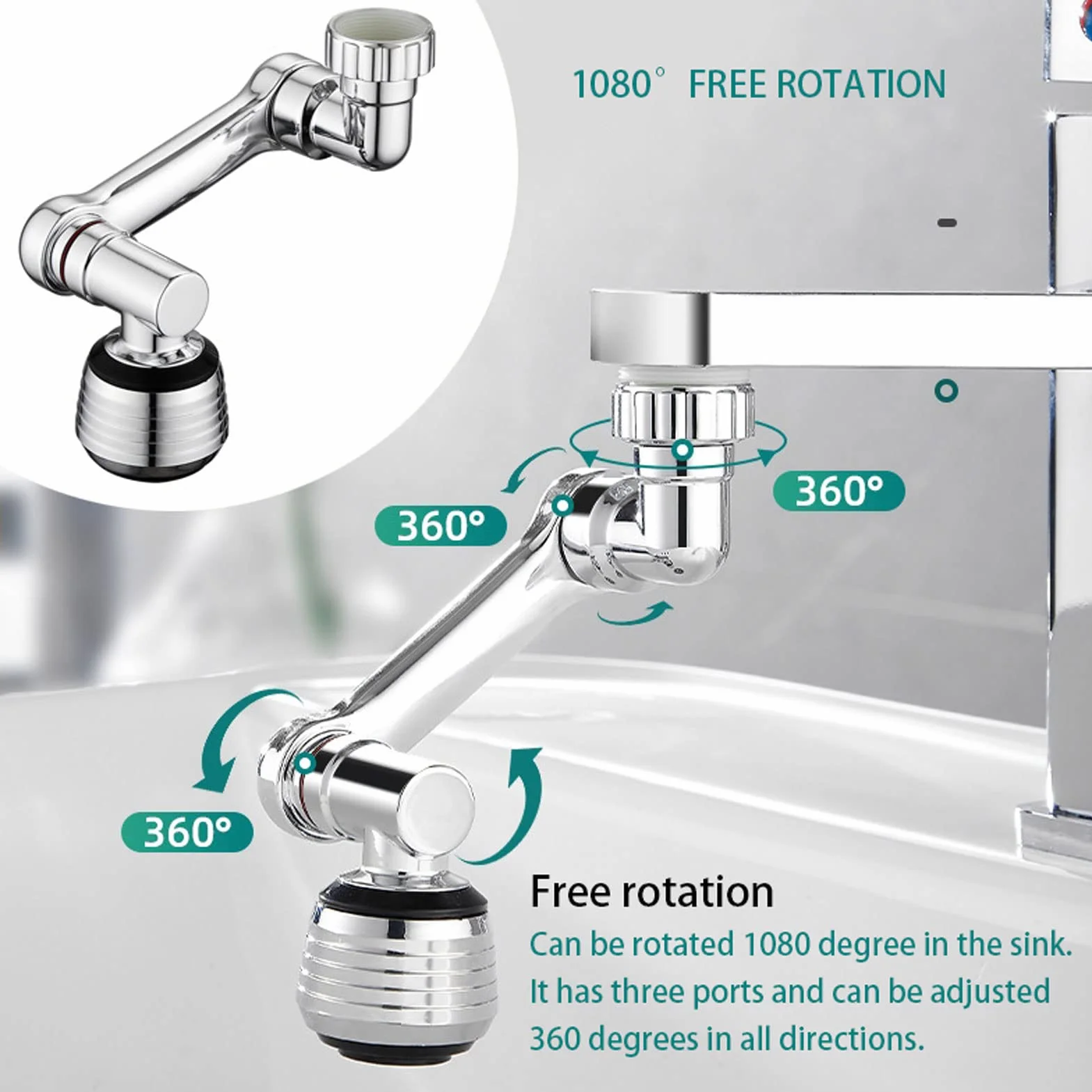 Obracany o 1080° Obrotowy Przedłużacz Kranu Aerator, 2 Tryby Wylotu Wody, Filtr Rozbryzgowy, Nasadka Natryskowa 360°, Wielofunkcyjny Przedłużacz Kranu do Kuchni