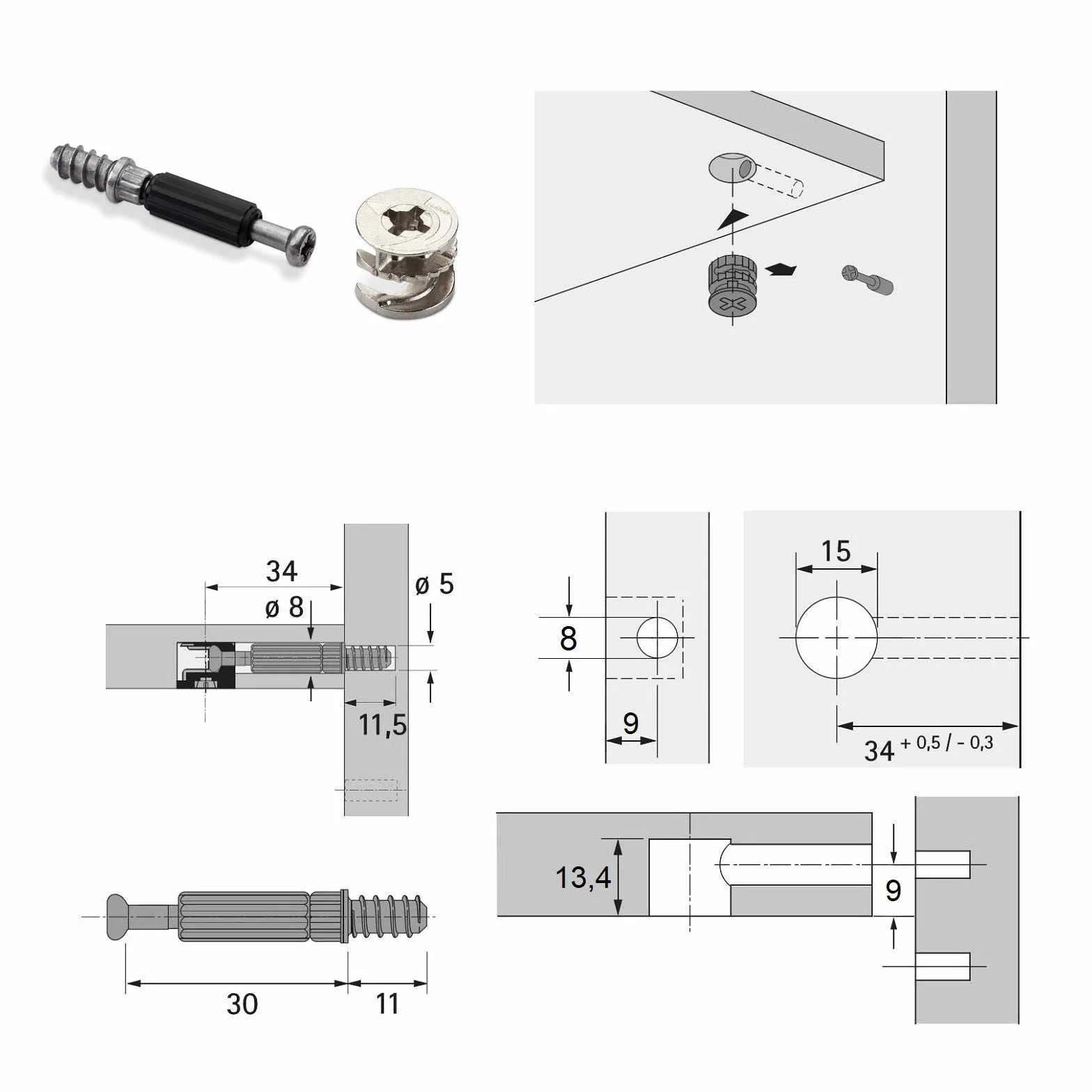 50 sztuk łączników korpusów HETTICH Mimośrodowy RASTEX 15 (Ø 15 mm) i kołek rozporowy Twister DU 232 T (6 x 11 mm), łącznik do mebli firmy SOTECH