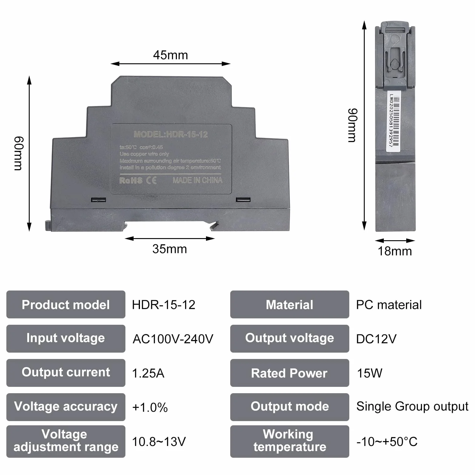 Zasilacz na szynie DIN 12 V DC 1,25 A 15 W, wejście 100-240 V AC 50/60 Hz transformator na szynie DIN do automatyki domowej lub przemysłowej