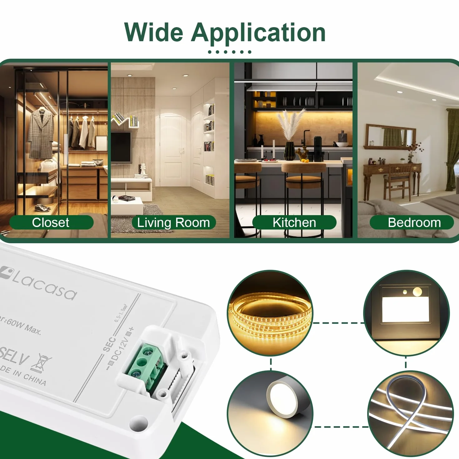 Lacasa Transformator LED 12V 5A 60W Zasilacz Sterownik AC200-240V na DC12V Stałe Napięcie Adapter Ultra Smukła 18mm do Taśm LED G4 MR11 MR16