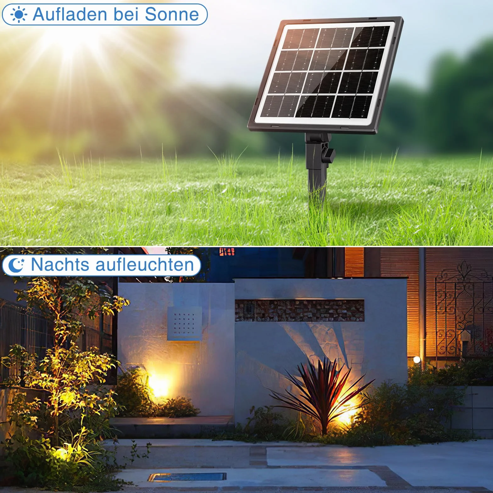 MEIHUA Solarne reflektory ogrodowe, 4 sztuki, 2700 K, ciepła biel, IP66 wodoszczelność, 5000mAh, lampy solarne, 3 jasności, 2 tryby dynamiczne, reflektor solarny do ogrodu, krzewów