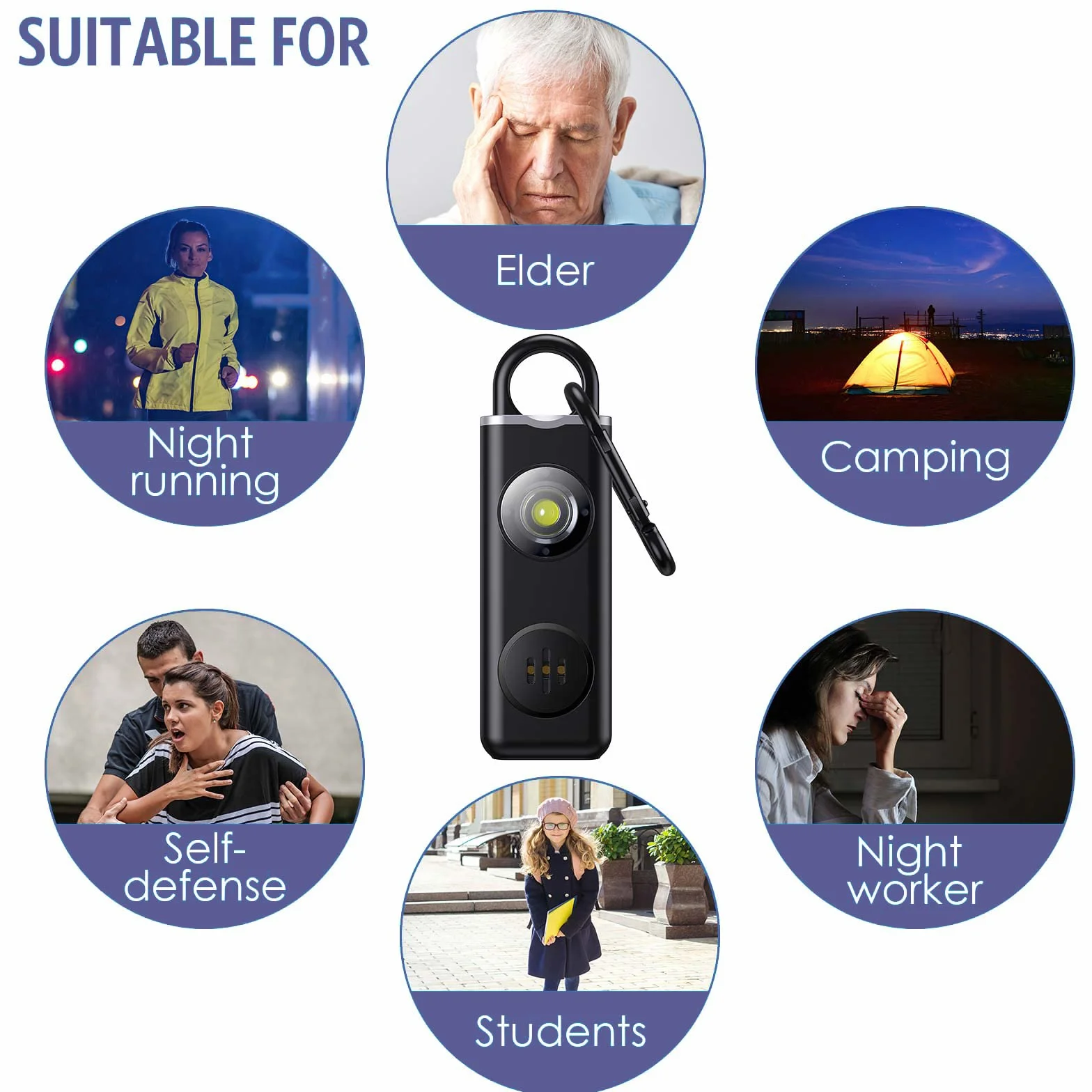 OQIMAX Ładowalny alarm bezpieczeństwa kluczyk z lampą LED Strobe, 130dB głośny alarm osobisty SOS dla kobiet, studentów, dzieci