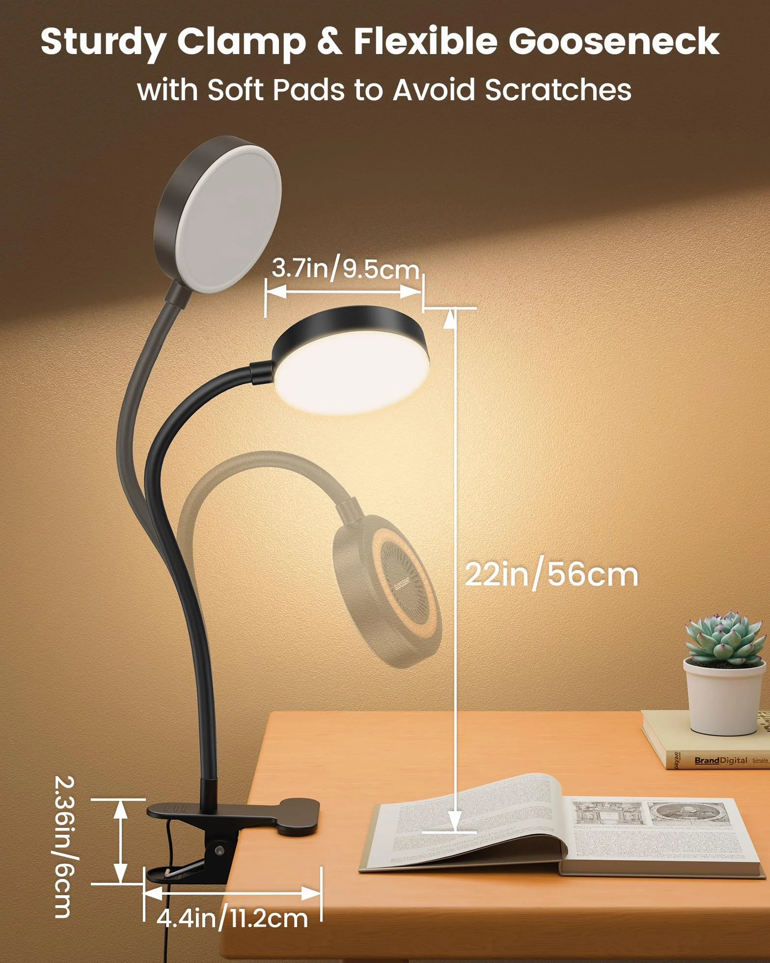 Glocusent Lampka na klips, 72 LED lampa biurkowa z 3 kolorami i 5 jasnością, elastyczna lampa z klipsem z bursztynowym światłem nocnym, timer 30/60 min, pielęgnacja oczu, do łóżka, czytania, nauki
