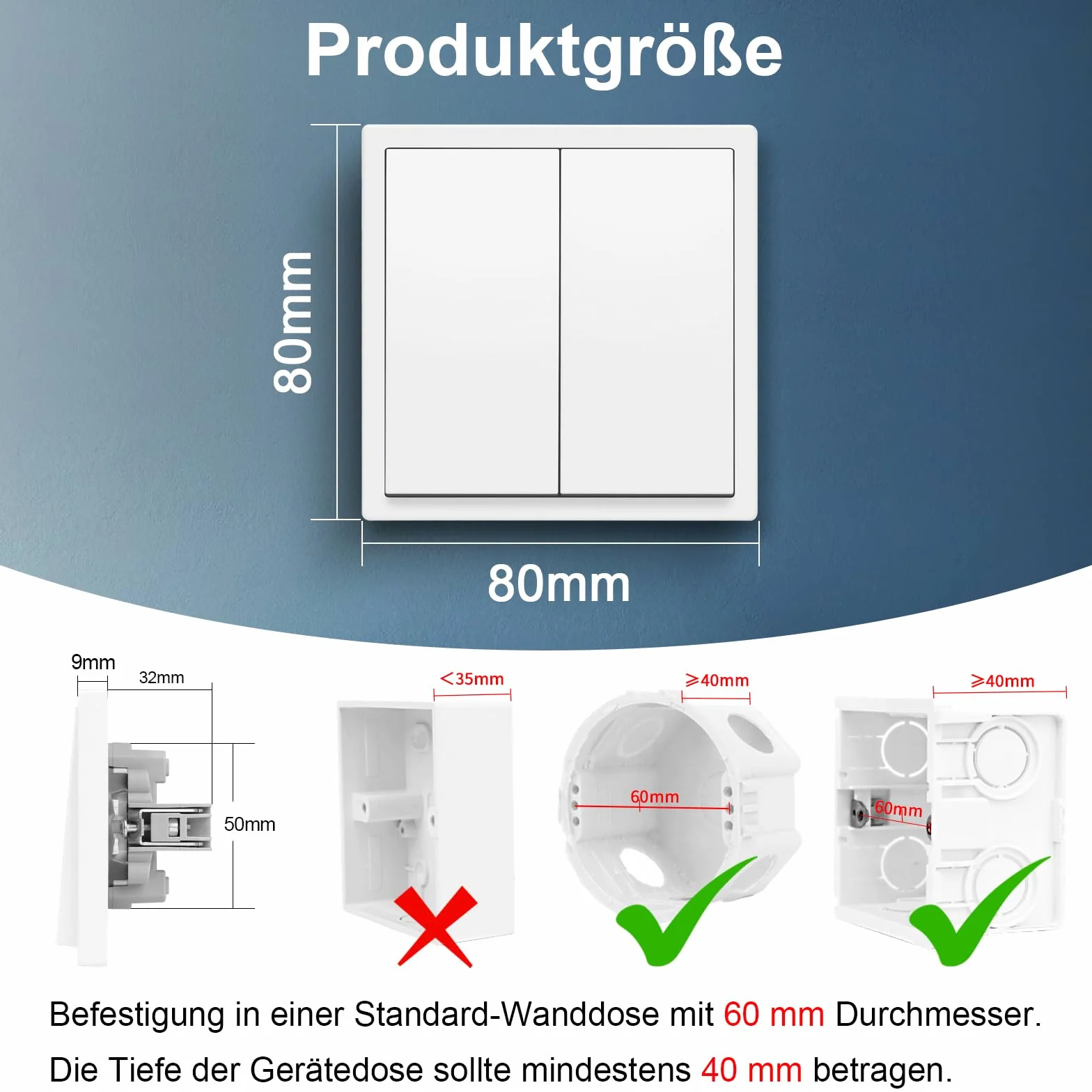 CNBINGO Włącznik światła 2-krotny przełącznik ścienny biały kołyskowy podtynkowy 80x80 mm
