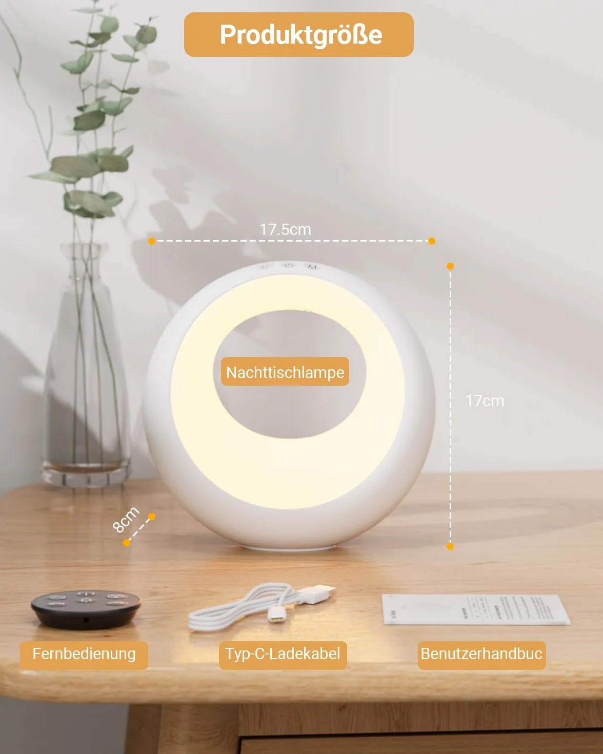 Bonsery Lampka nocna dotykowa, ściemniana, okrągła, z pilotem zdalnego sterowania, lampa stołowa LED, bezprzewodowa, ze zmianą kolorów RGB, lampka nocna dla dzieci z timerem i pamięcią, do dekoracji