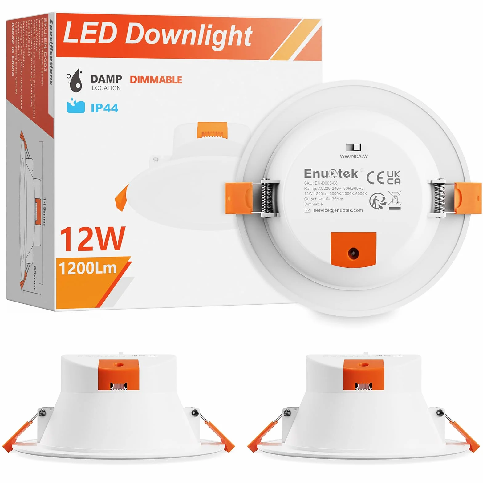 ENUOTEK Możliwość Przyciemniania Reflektorowy, 12W Duże Reflektory Sufitowe, Spot LED do Kuchni Łazienki, CCT do Wyboru 3000K 4000K 5000K 230V, Średnica Wycięcia 110-135 MM, 3 Sztuk