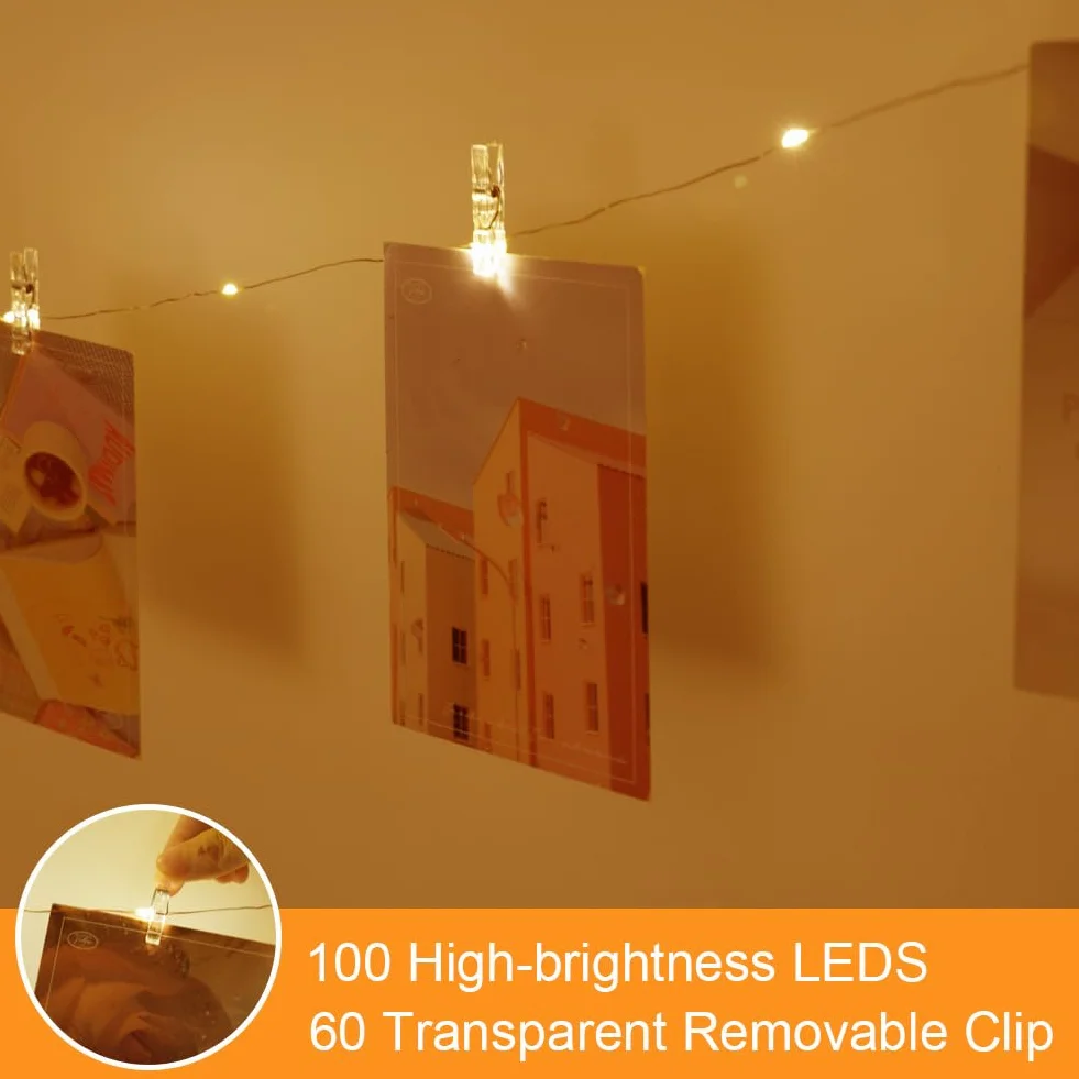 100 diod LED z klipsem zasilanie bateryjne 10 m przezroczyste klipsy