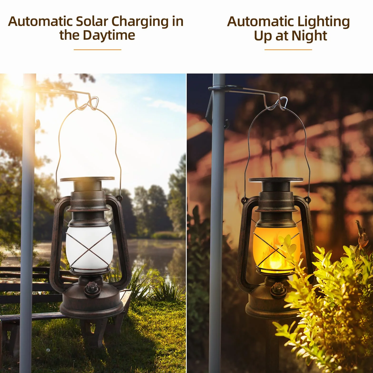 Shinmax Latarnia do użytku na zewnątrz, w stylu retro, 2 sztuki, efekt płomienia, lampa solarna do użytku na zewnątrz, wisząca latarnia, odporna na warunki atmosferyczne, na kemping (solarna)