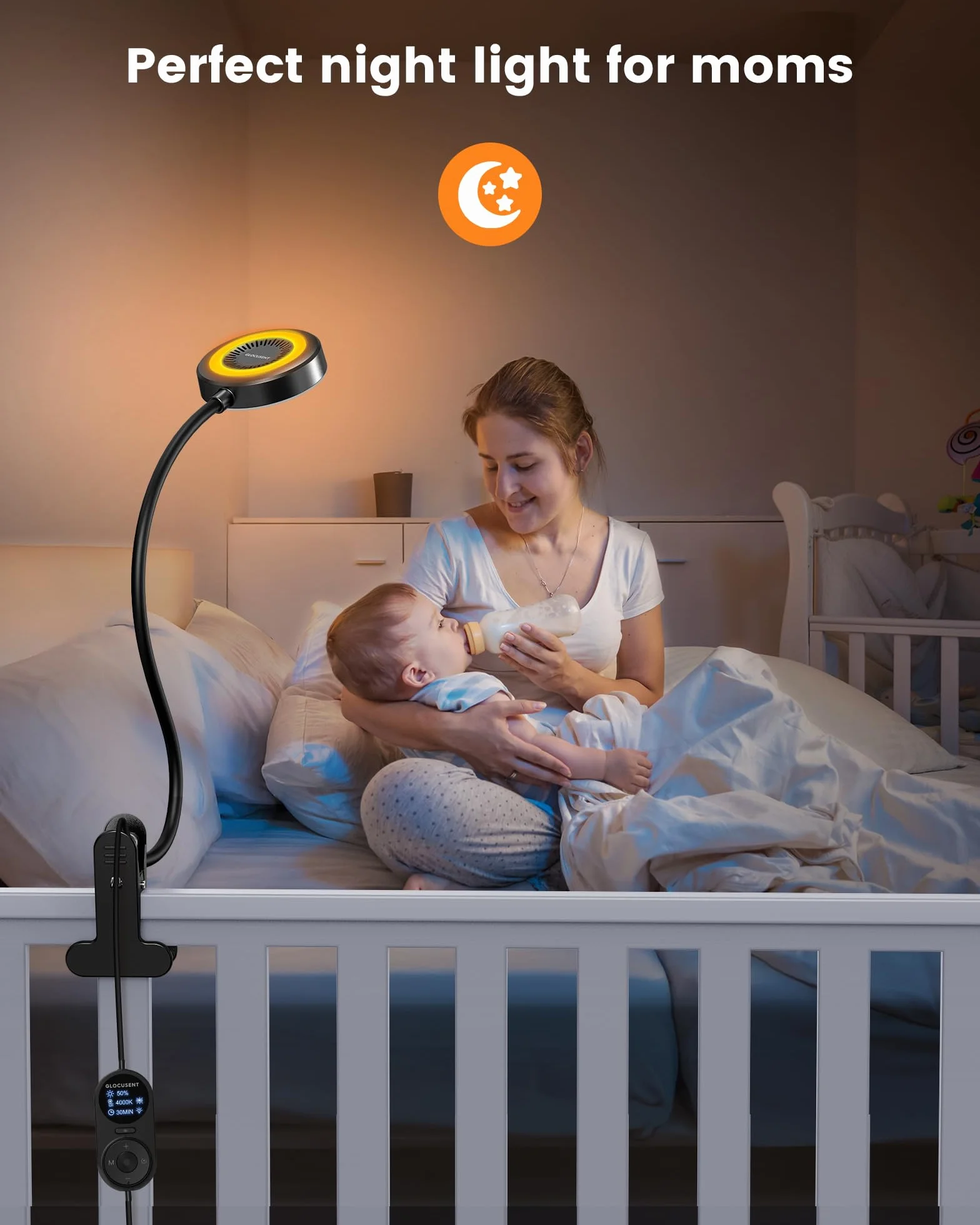 Glocusent Lampka na klips, 72 LED lampa biurkowa z 3 kolorami i 5 jasnością, elastyczna lampa z klipsem z bursztynowym światłem nocnym, timer 30/60 min, pielęgnacja oczu, do łóżka, czytania, nauki