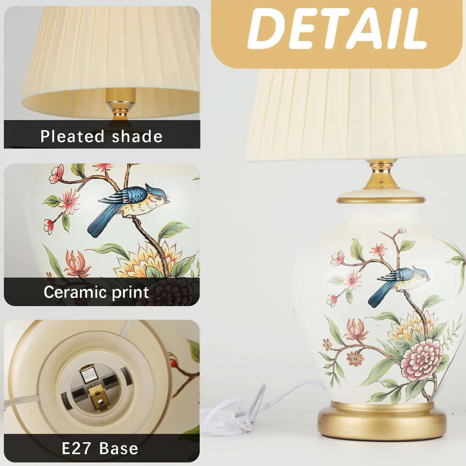 Ceramiczna lampa stołowa E27 biała tkanina nowoczesna vintage do salonu sypialni