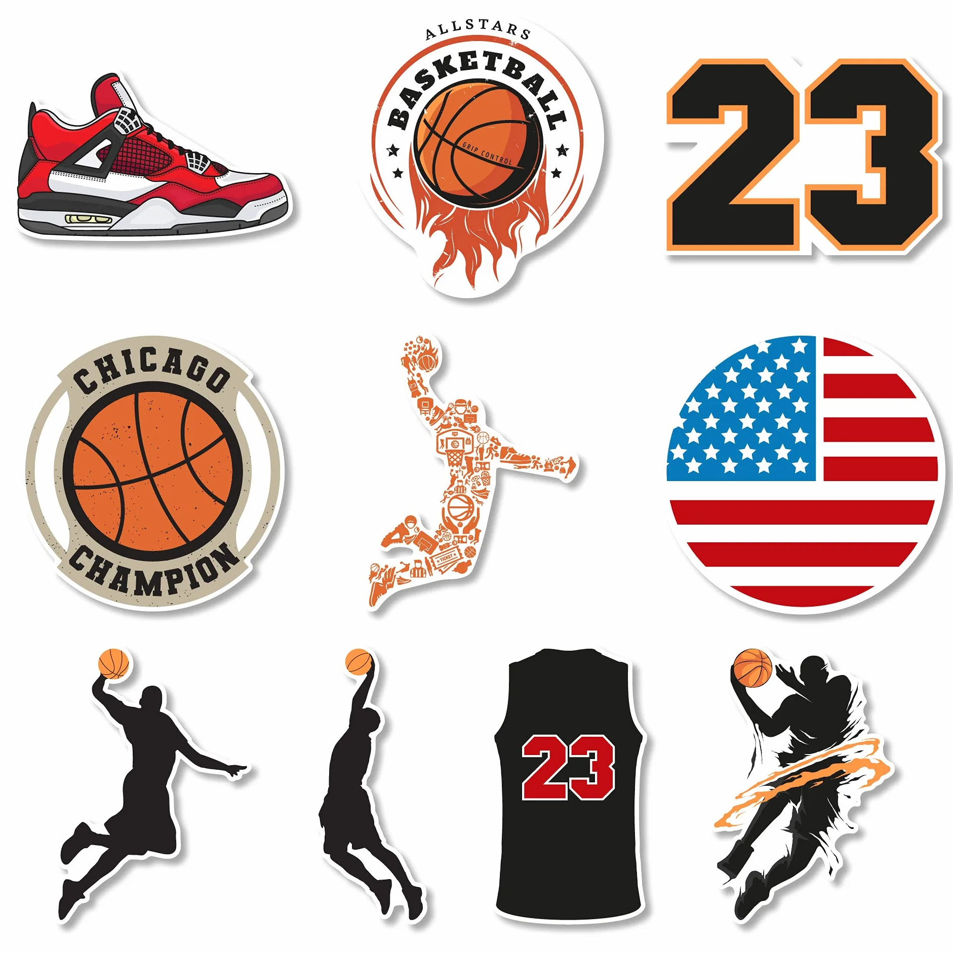 Naklejki Koszyk Jordan 23 NBA | Opakowanie 10 sztuk | Naklejki na laptopa, łopata do wiosła, telefonu komórkowego, samochodu, gitary, bagażu...