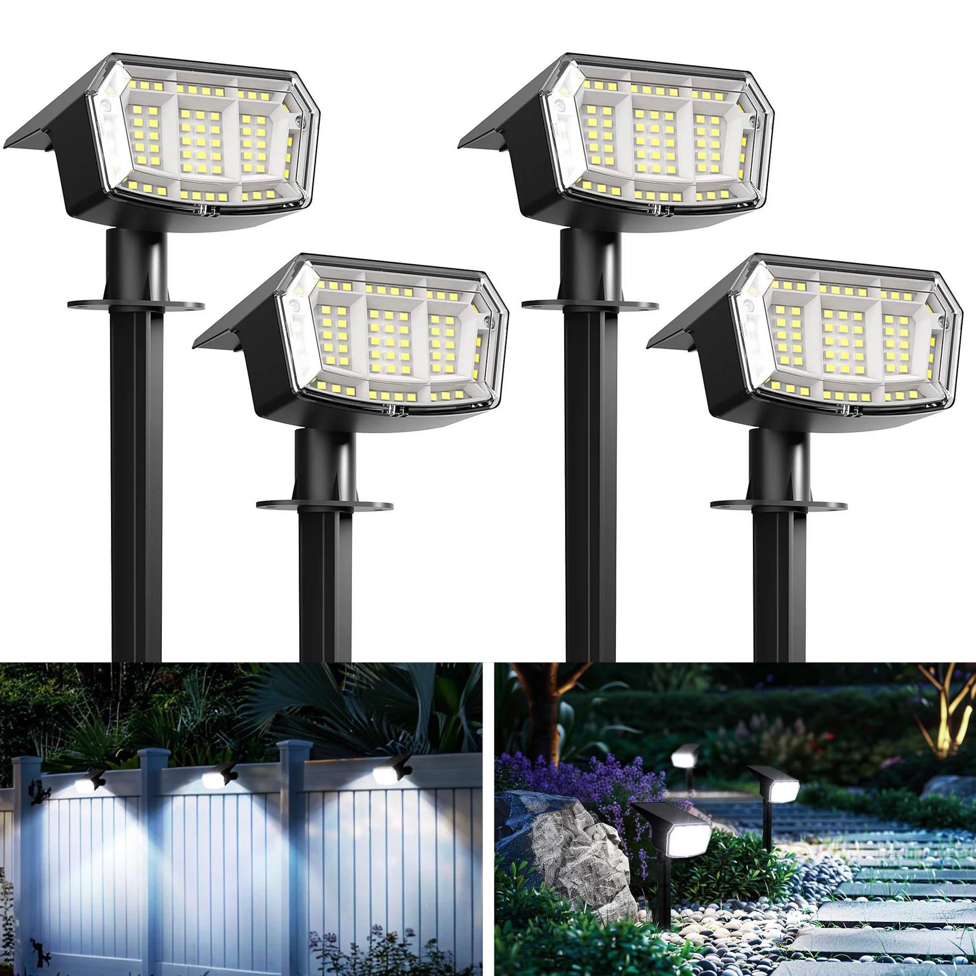 Solpex Solarne lampy punktowe, 4 sztuki, lampy solarne do ogrodu, 63 diody LED, 3 tryby oświetlenia, wodoodporne reflektory IP65, na podwórko, do ogrodu, domu, garażu, na ścieżkę (zimna biel)