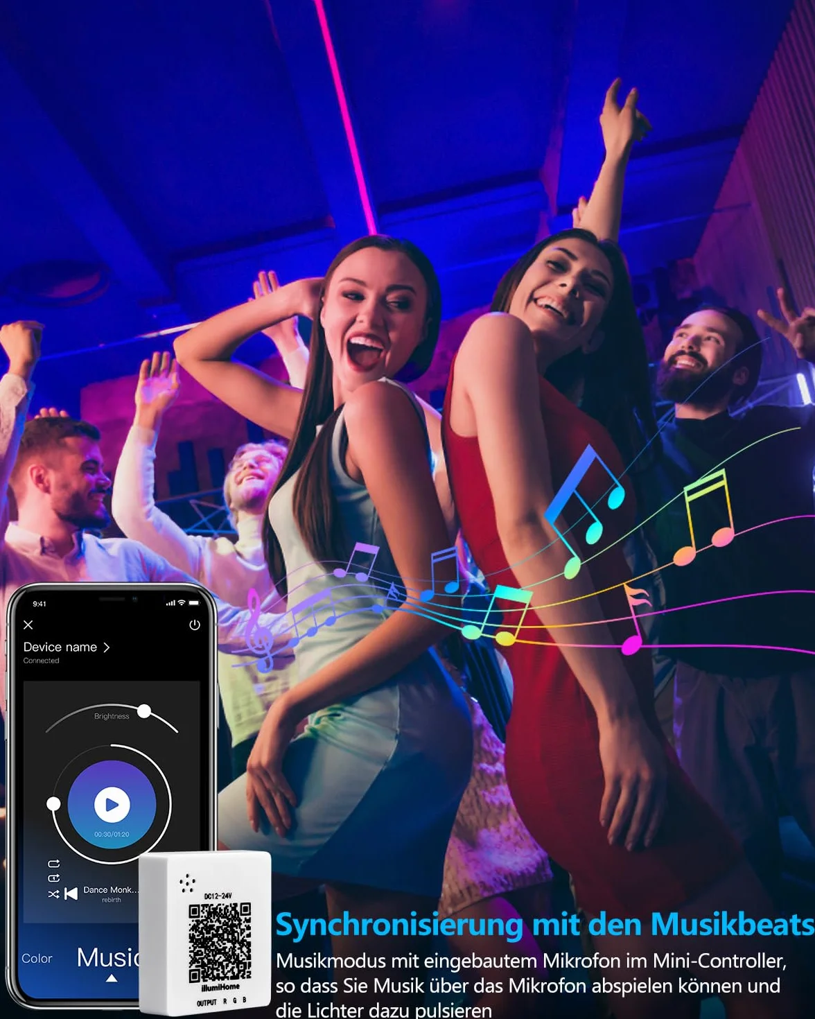 Taśma LED Bluetooth RGB 15 m z pilotem i aplikacją, synchronizacja z muzyką, 16 mln kolorów