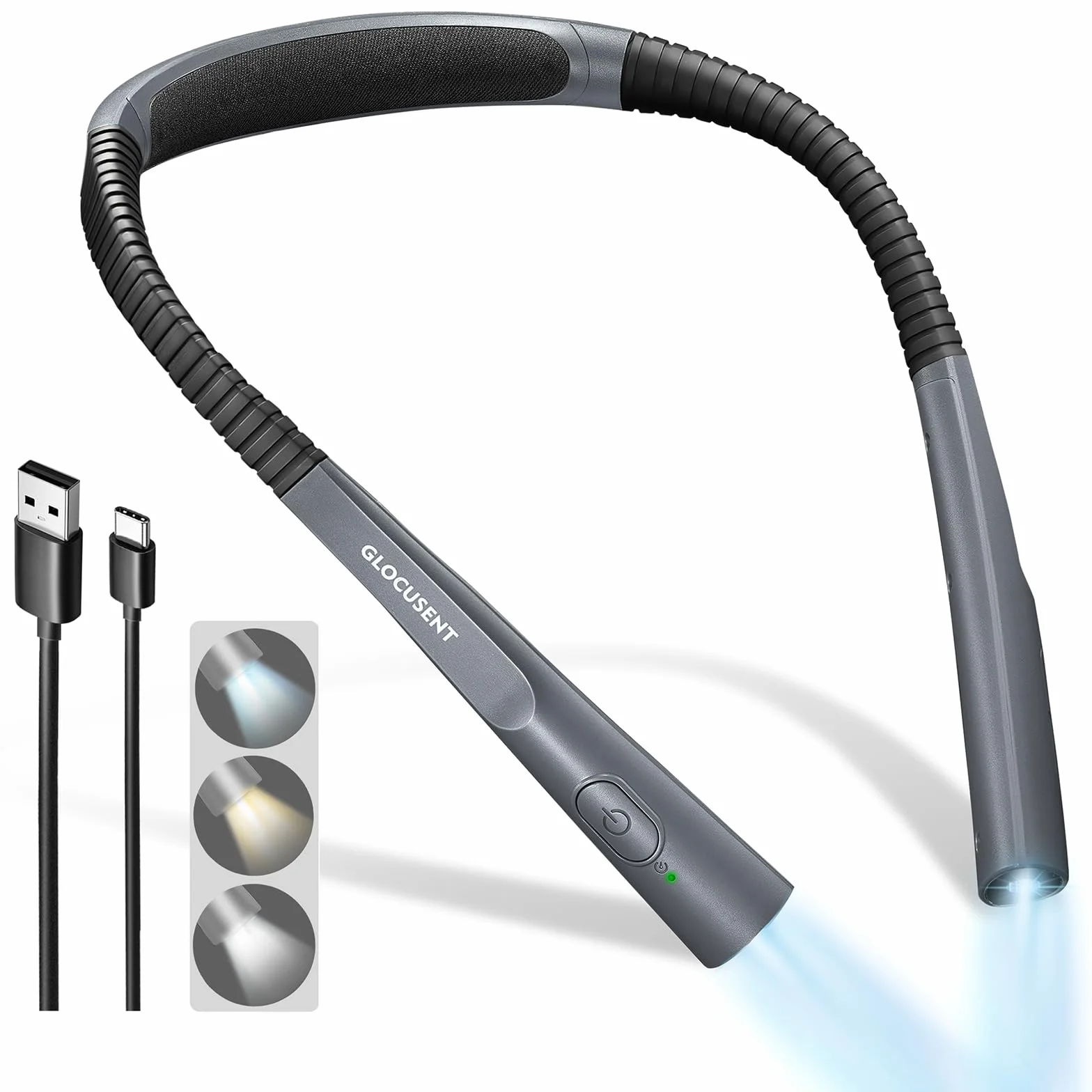 Glocusent Upgraded LED Neck Reading Light, Book Lights do czytania w nocy, 30-min Timer, 3 kolory i 3 jasność regulowane, Rechargeable Neck Light for Reading, Knitting & Repairing