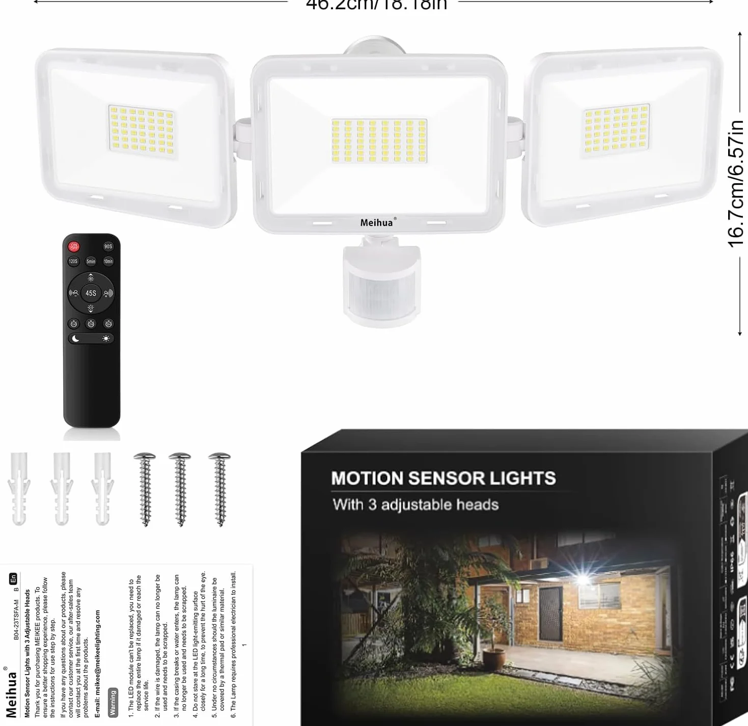 MEIHUA Reflektor LED 70 W z czujnikiem ruchu IP66 6500 K trzygłowicowy regulacja 180°