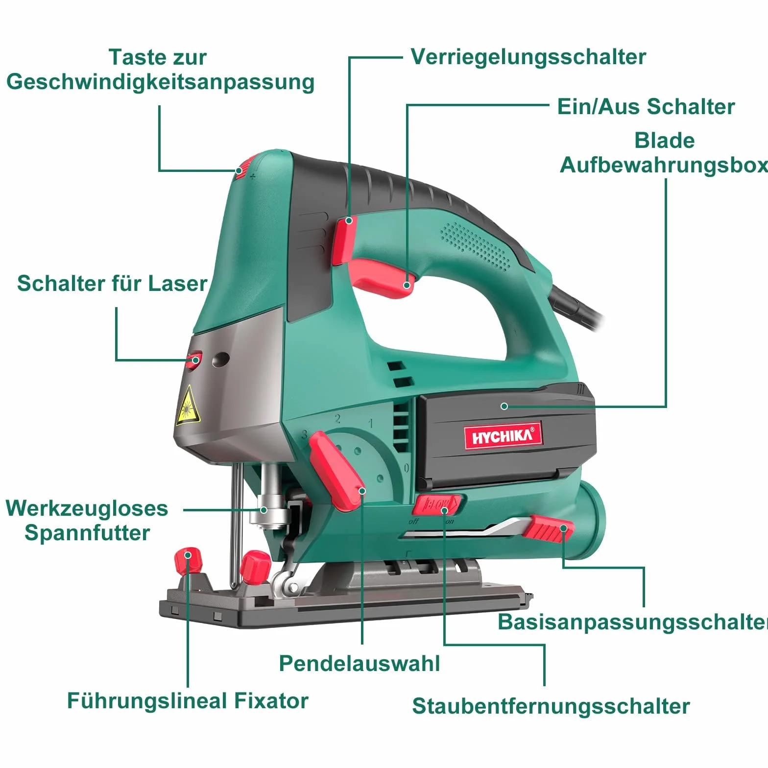 HYCHIKA Wyrzynarka 800W Max Głębokość Cięcia 110mm 800-3000Spm Elektryczna z Laserem 6 Prędkości Cięcie Ukośne -45° do 45° 6 Ostrzy