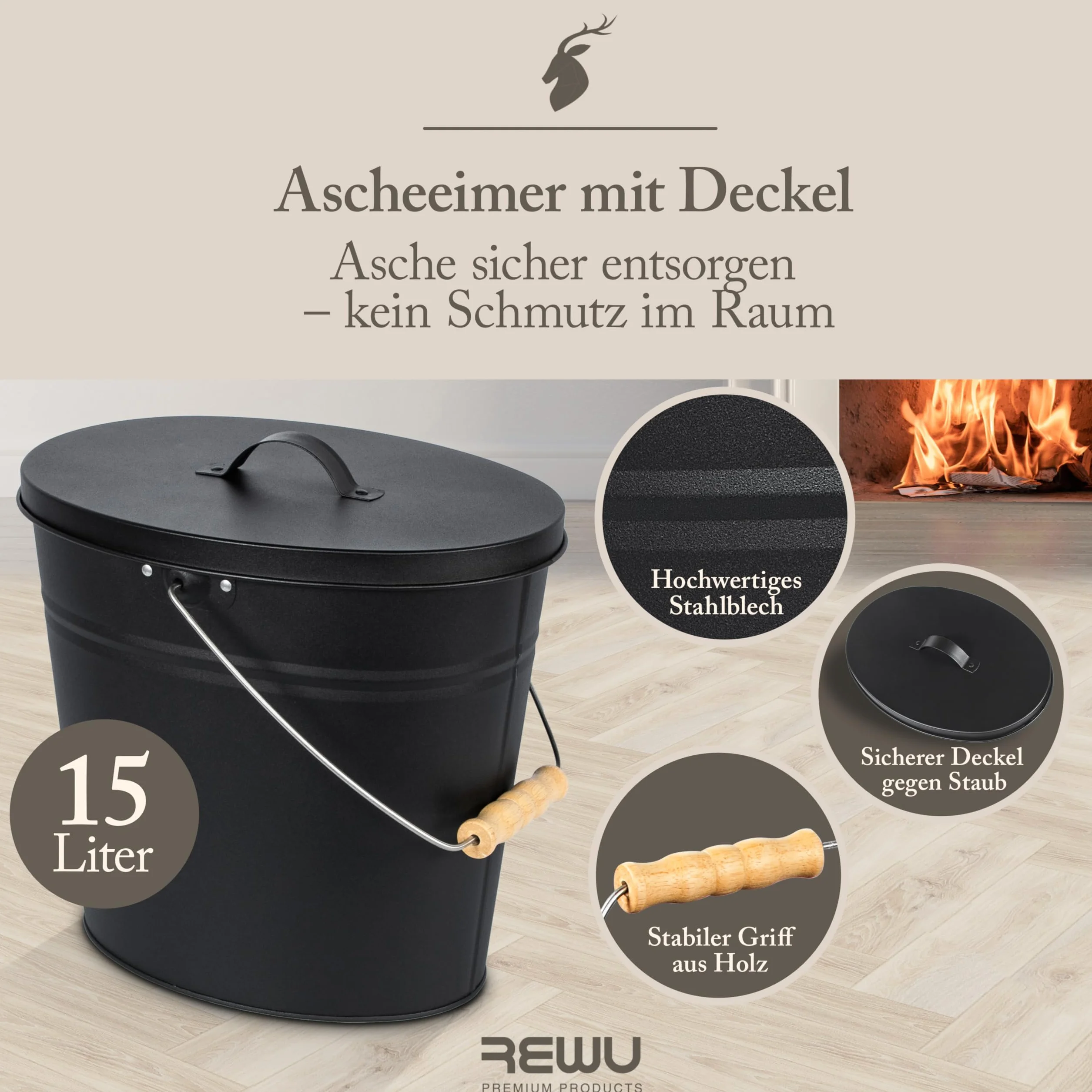 ReWu Stahleimer Ascheeimer Mehrzweckeimer oval mit Deckel für heiße Glut und Asche - Größe 15 l - Kohleeimer Kamineimer in matt schwarz