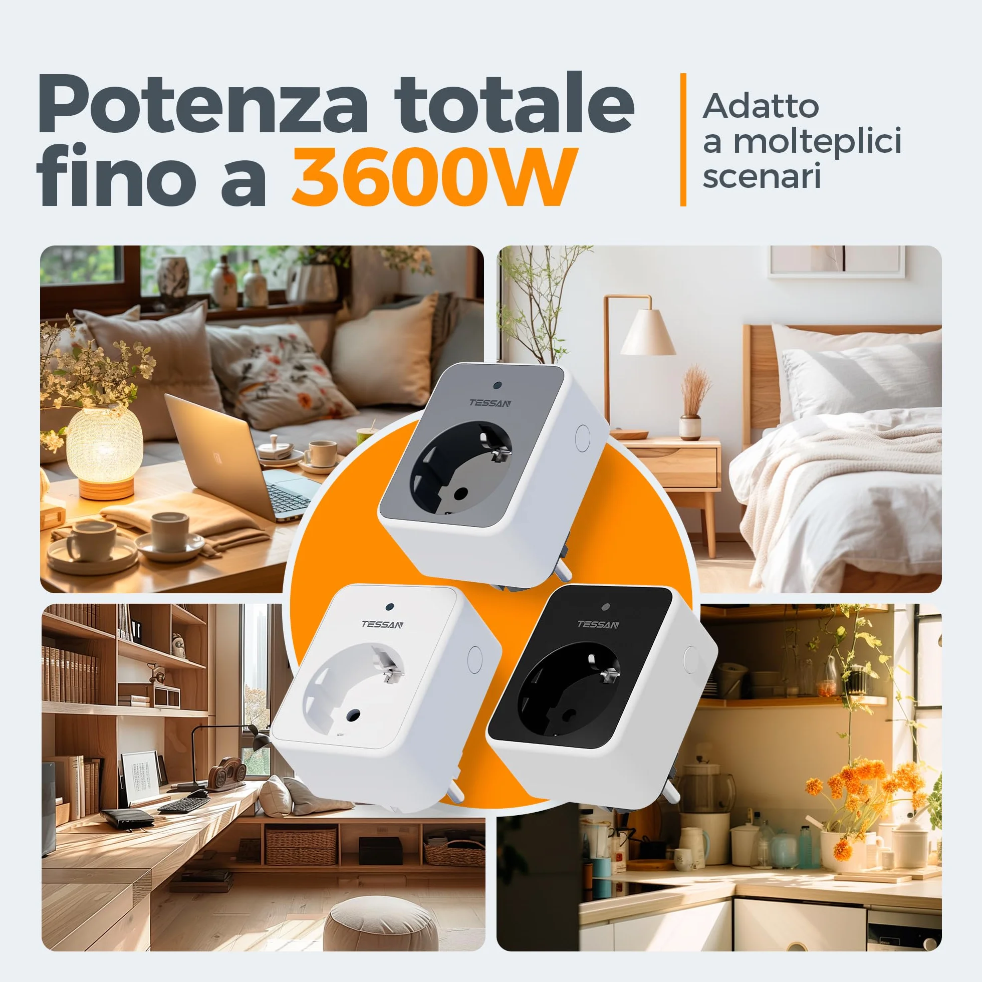 TESSAN Zestaw 3 Gniazd z Pilotem 3600W 30,5m Biały Szary Czarny