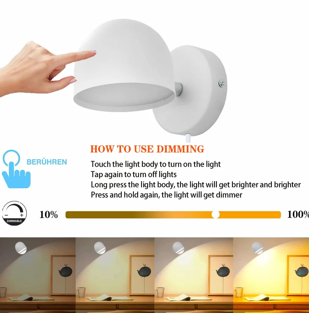 Kinkiet wewnętrzny LED 12W z wtyczką ściemniana lampa ścienna sterowana dotykiem, 360° obrotowy lampka nocna, 3000 K ciepły biały regulowany światło do czytania się salonu, sypialni, schodów,White