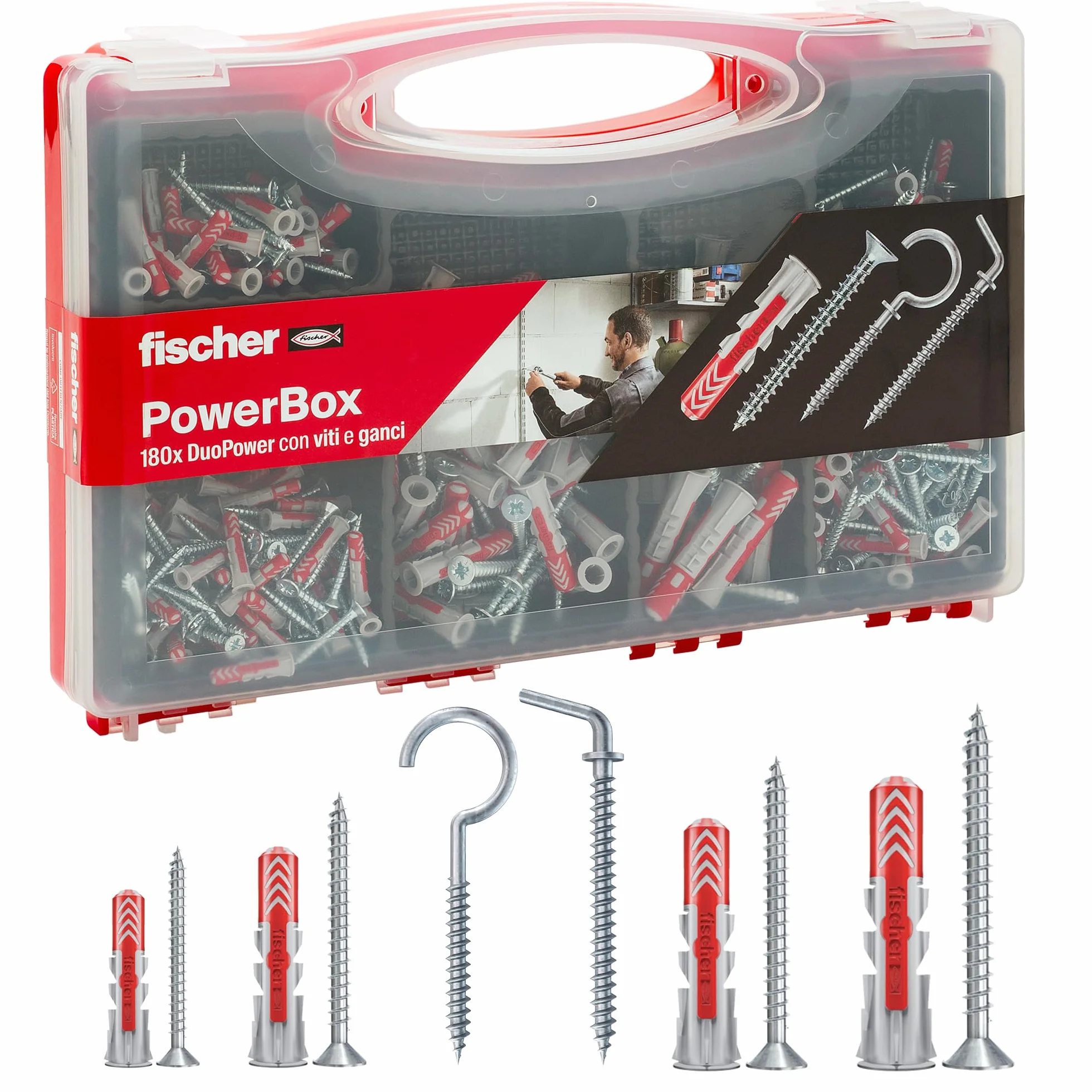Fischer PowerBox 180 kołków DuoPower ze śrubami i hakami, do pełnej ściany, perforowanej i suchej zabudowy, 360 szt