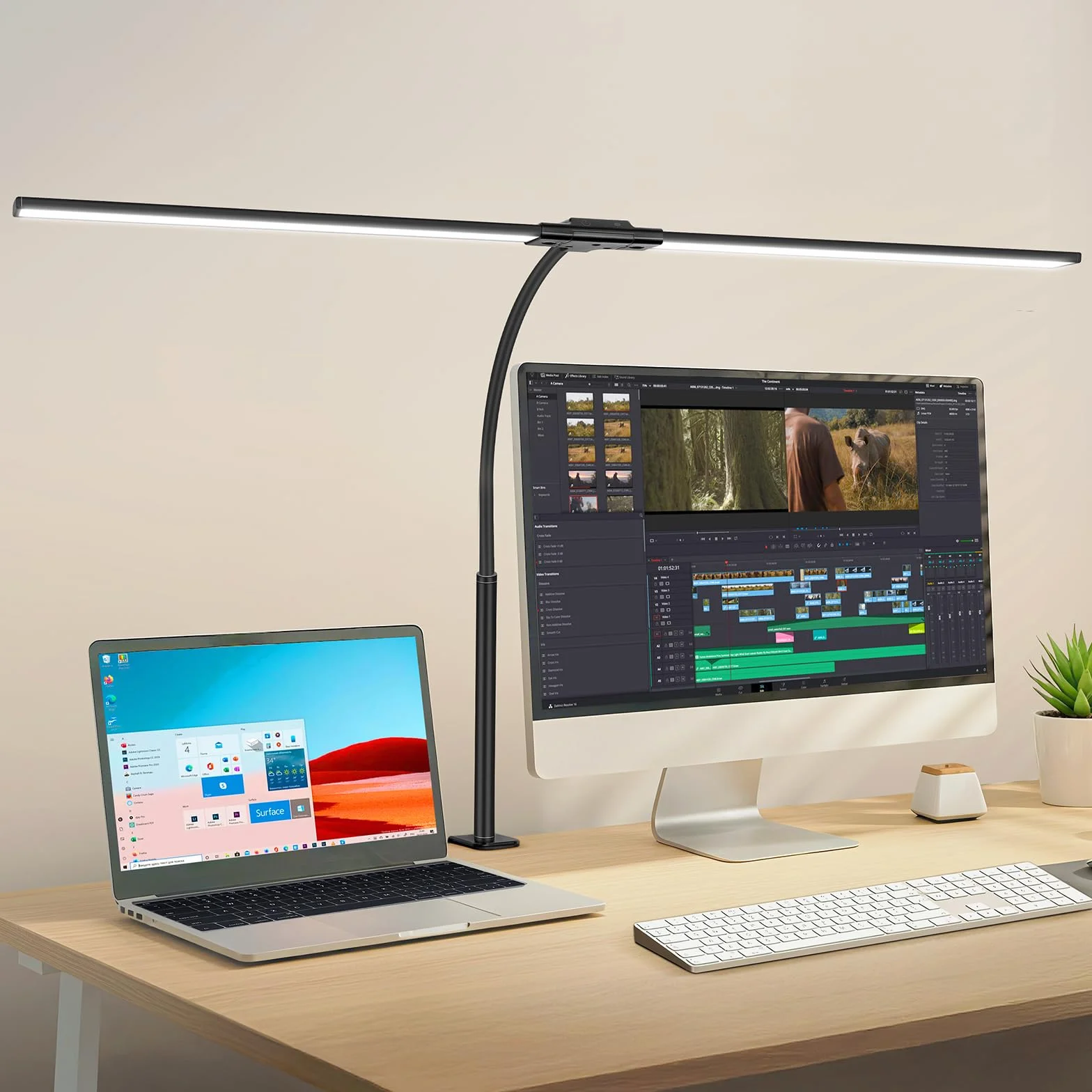 OUTON 85,5 cm Podwójna Głowica LED Lampa Biurkowa 24W Dotykowe Sterowanie Ochrona Oczu Czarna