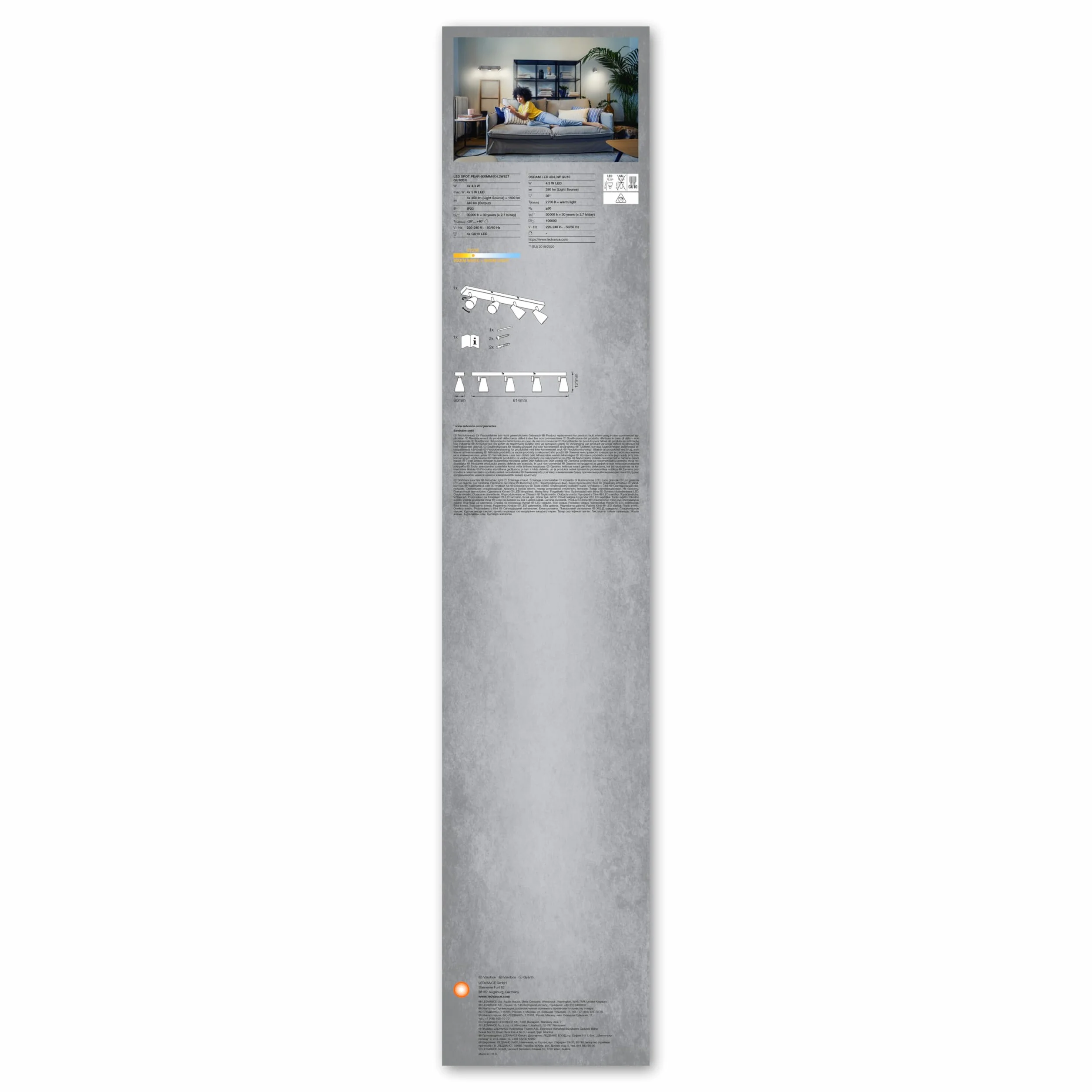 LEDVANCE LED Punktowe Plamki Gruszki 600 mm, Szary, 17.2 W, 840 LM, Oferuje Ukierunkowane Światło o Ciepłym Białym Jasnym Kolorze, z Elastycznymi Reflektorami Gu10, Klasa Ochrony Ip20, 2700K