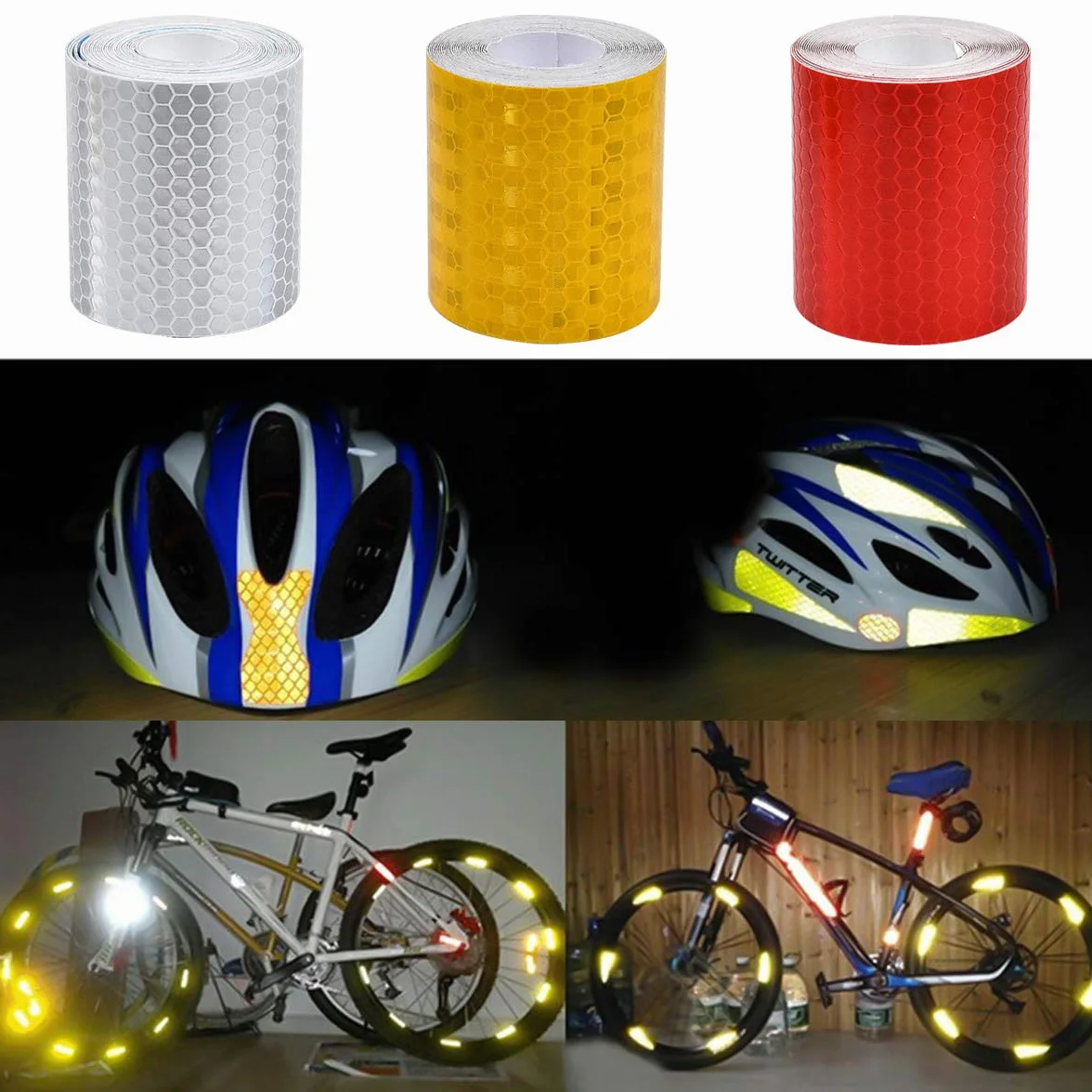 samoprzylepna taśma odblaskowa, odblaski rowerowe, białe, czerwone, żółte, naklejki odblaskowe na kask, do motocykli, do jazdy nocą, zwrócenie uwagi na bezpieczeństwo, 3 szt., 3 m x 50 mm