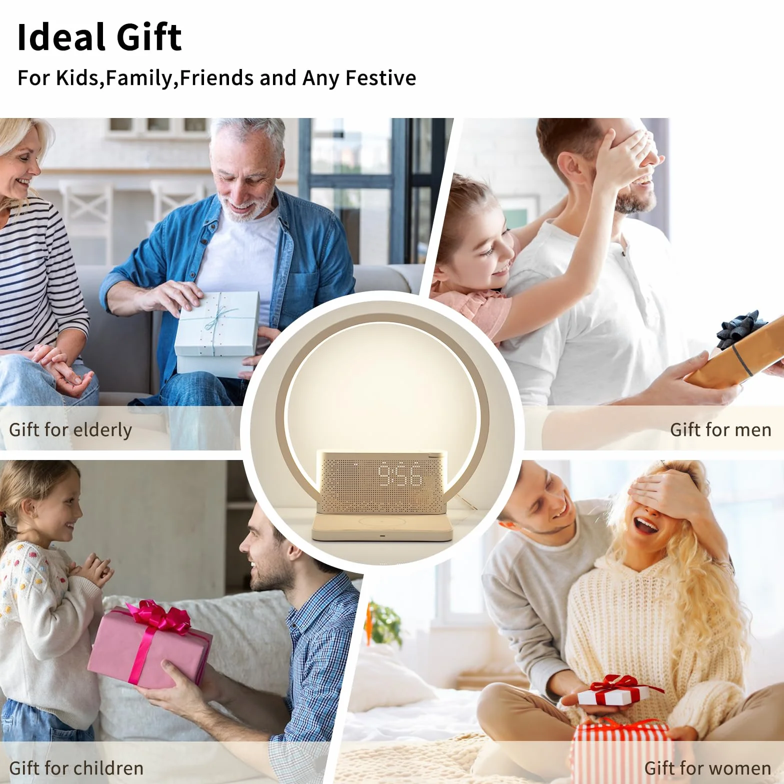 Blonbar Lampka nocna z budzikiem świetlnym Wake Up Light, bezprzewodowa ładowarka 10 W, dotykowa ściemniana, 3 poziomy jasności