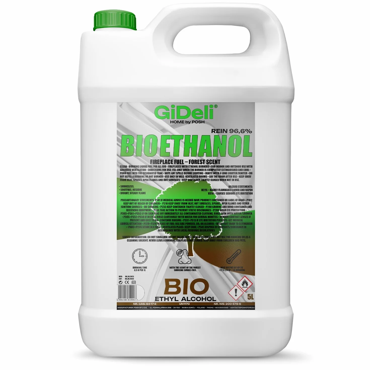 GiDeli bioetanol 5 l zapach leśny 96,6% etanol do kominków wewnętrznych i zewnętrznych bez dymu i sadzy – z kukurydzy i buraków cukrowych