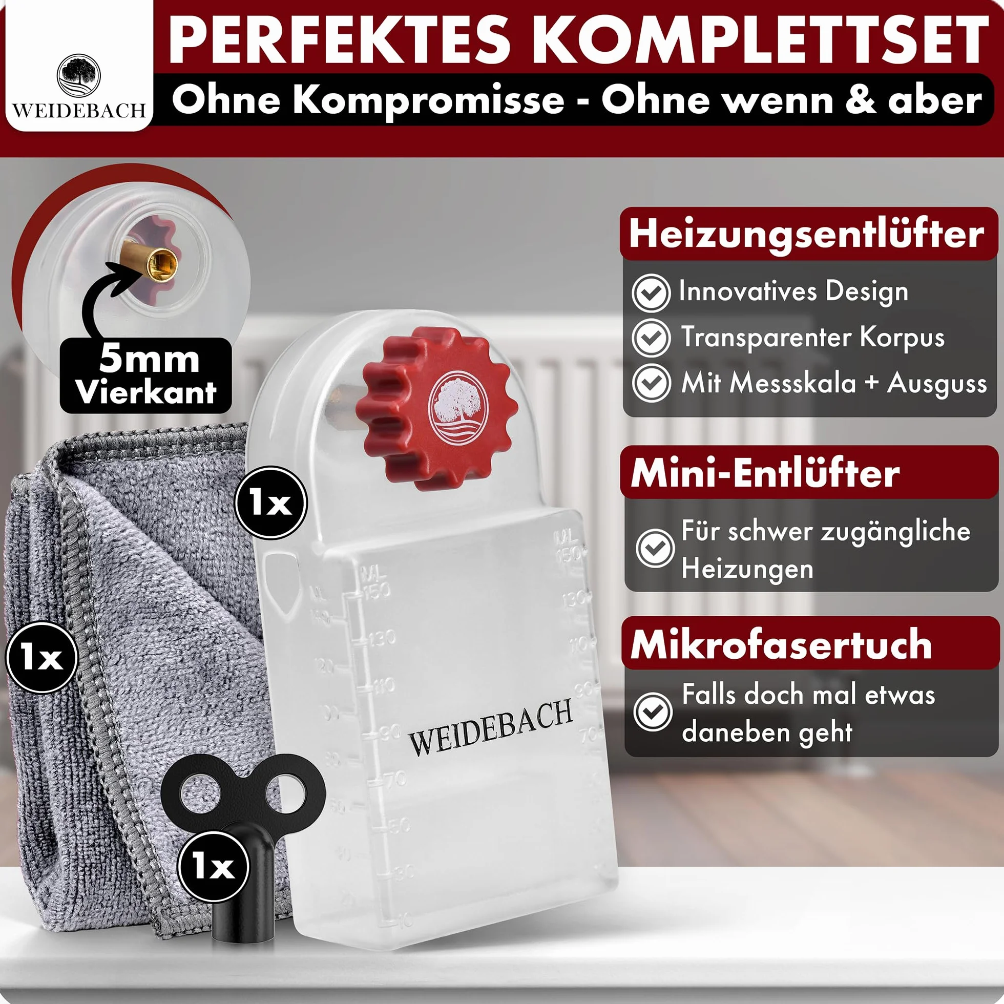 WEIDEBACH® Klucz do odpowietrzania grzejników z pojemnikiem odbiorczym (140ml), odpowietrzacz do grzejników wraz z mikrofibrowym ręcznikiem i mini kluczem do odpowietrzania na wąskie przestrzenie