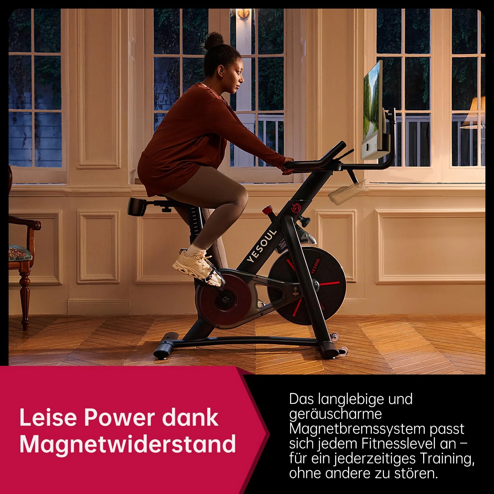 YESOUL BIKE G1M MAX rower treningowy z magnesem, wyświetlacz FHD, 21,5", czarny, obrót o 360°, elektryczny 24 V, rower wewnętrzny, 35 kg, pojemność 137 x 53 x 145 cm