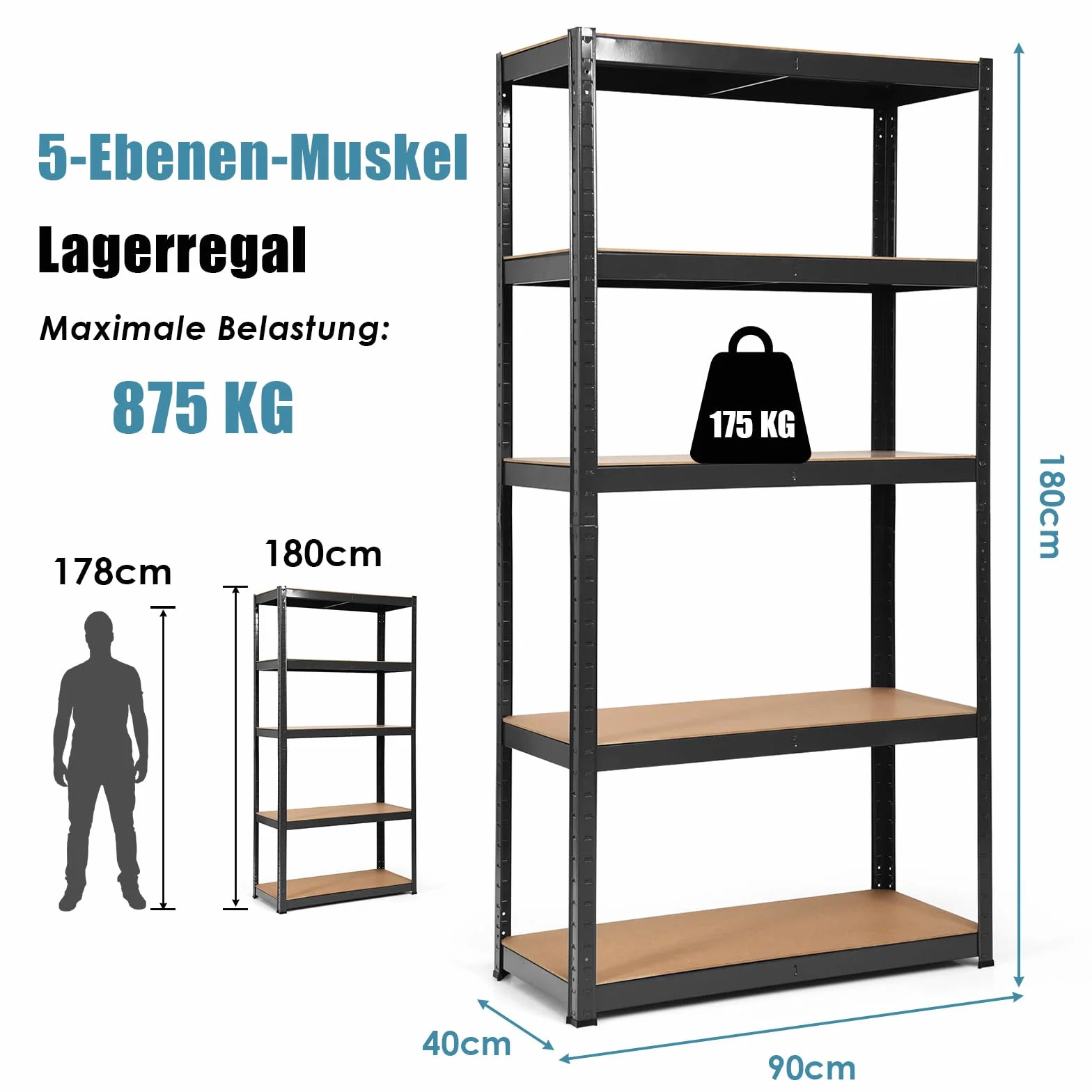COSTWAY Regał magazynowy do dużych obciążeń, regał wtykowy, 5 poziomów, regał metalowy, regał warsztatowy, regał garażowy, piwnica, 180 x 90 x 40 cm (czarny)