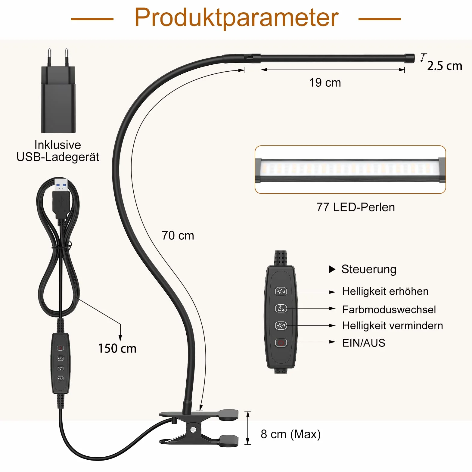 iZELL 77 LED Lampa biurkowa 70 cm z zaciskiem, 3 kolory, 10 poziomów jasności, 360° elastyczna, USB