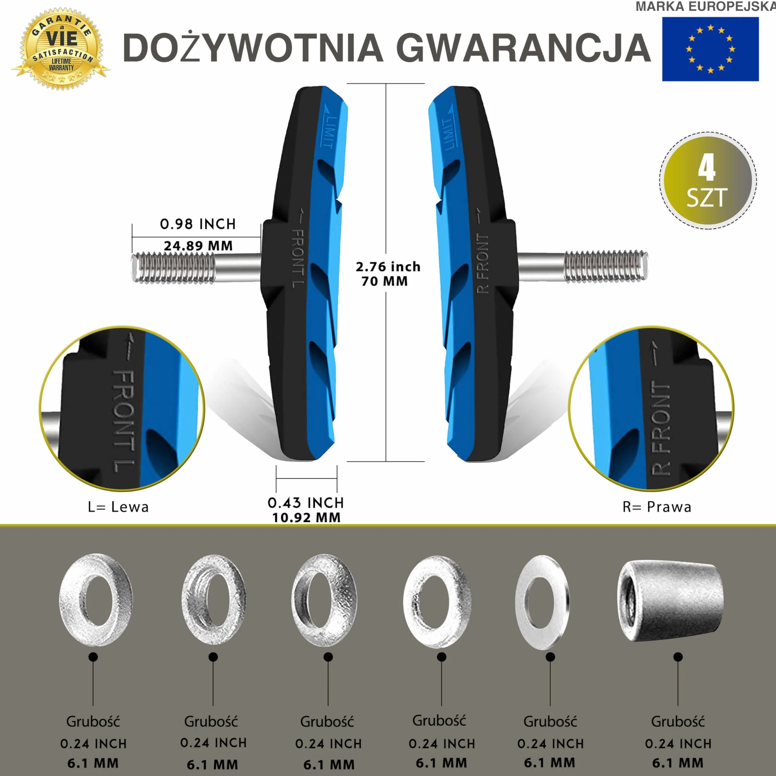 Zestaw Hamulców V-Brake- ✮DOŻYWOTNIA GWARANCJA✮ - 70 mm Długości, 14 mm Szerokości 2 Pary - Gumowe Klocki Hamulcowe do Zacisków Rowerowych - Podkładki i Nakrętki Mocujące, Niebieski
