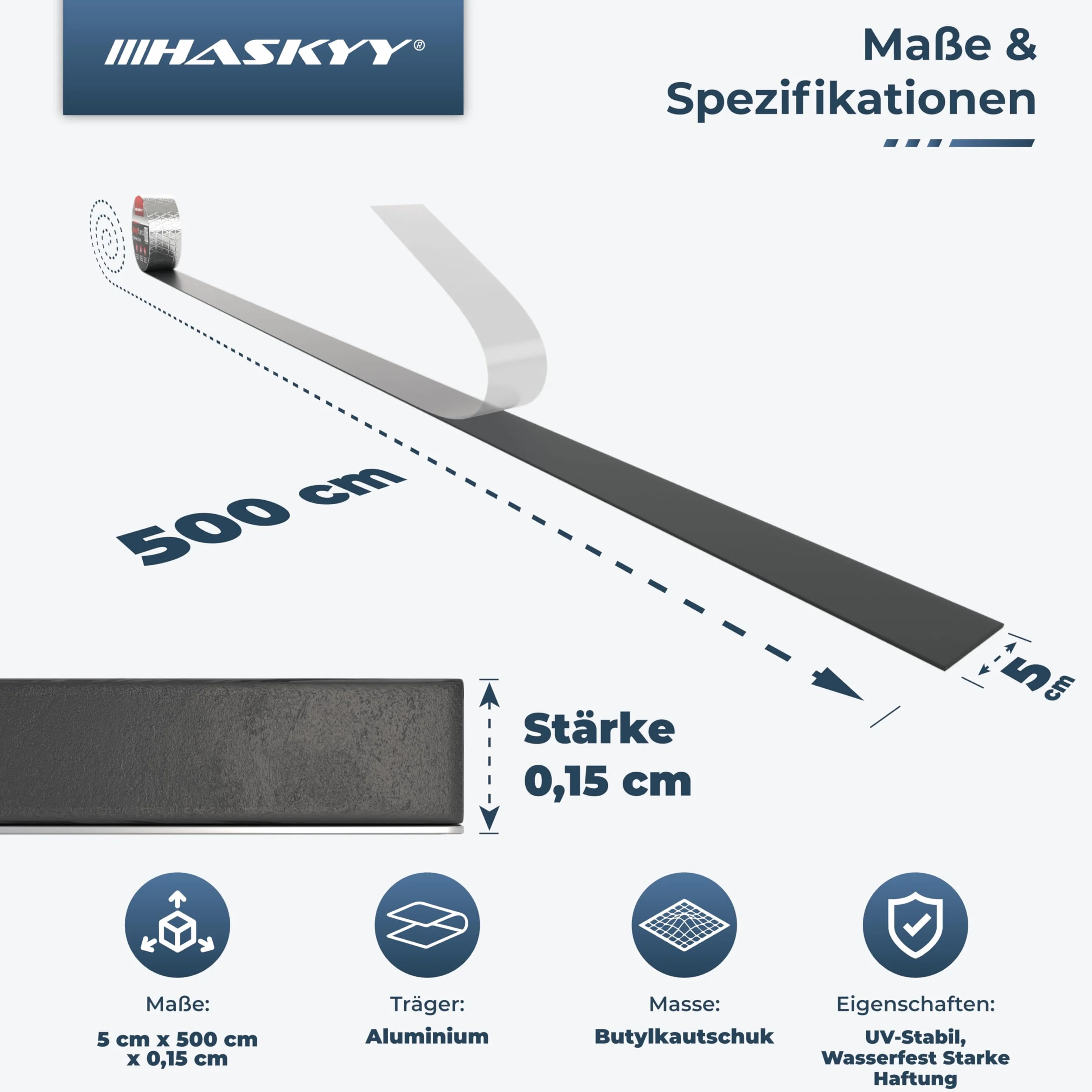 HASKYY Wodoszczelna taśma klejąca butylowa 5 cm x 5 m z folią aluminiową