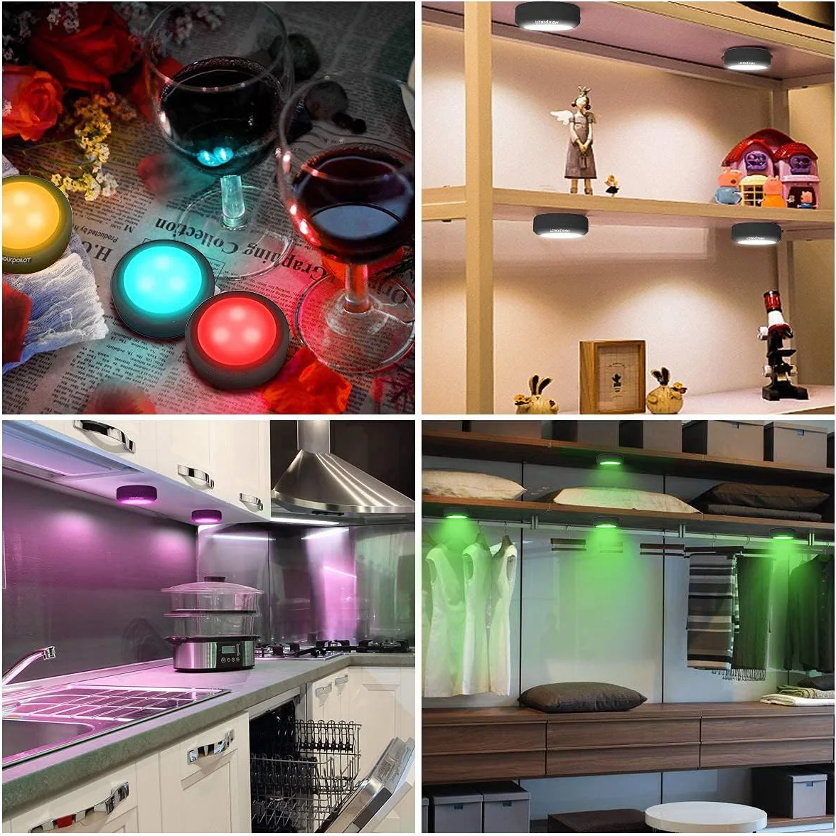 Lampy LED na baterie, 6 szt. Mini naklejka na baterie światło podszafkowe Led do schodów, szafy, szafki podszafki, kuchni, przedpokoju dziecięcego (RGB czarne)