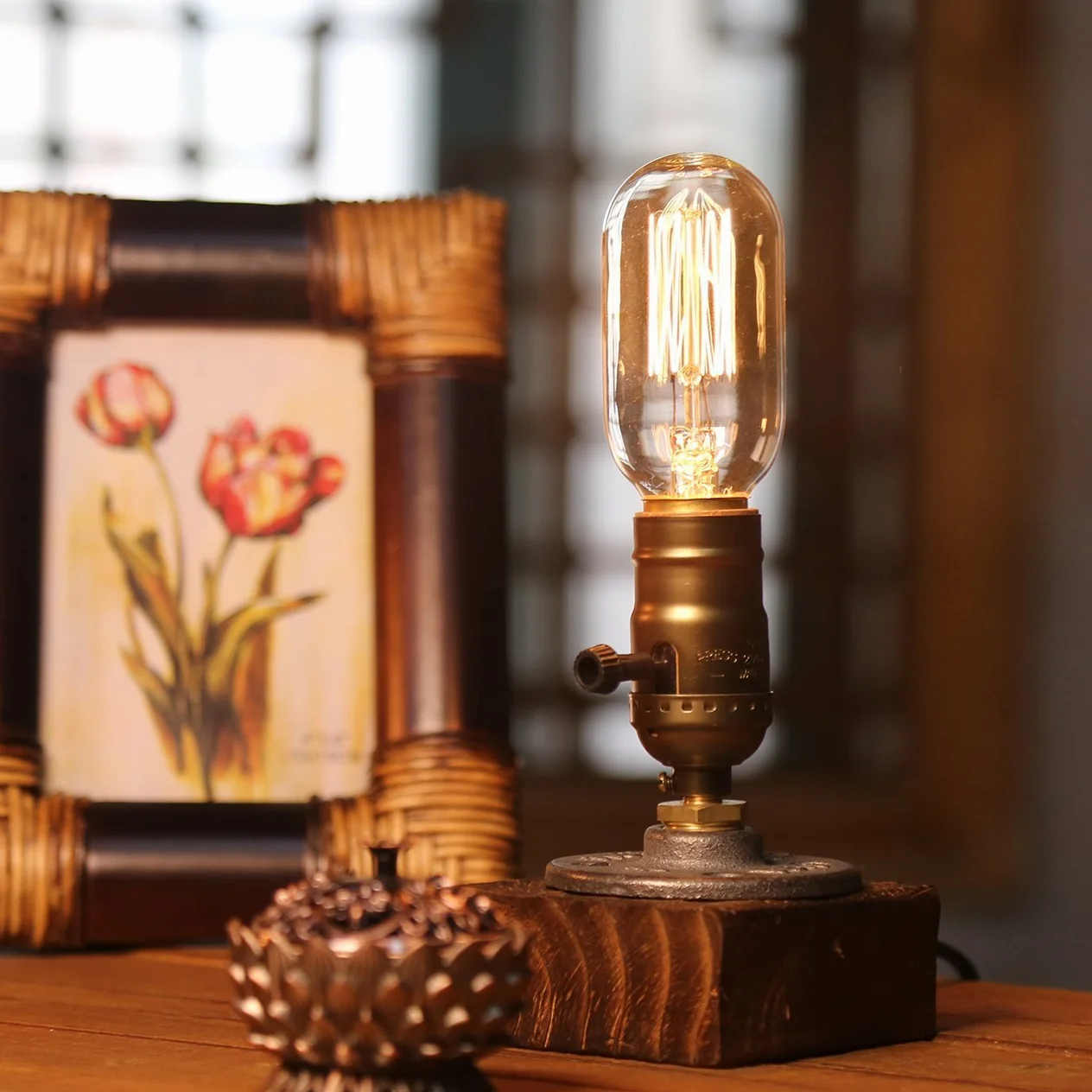E27 vintage drewniane bloki lampa stołowa lampa biurkowa do kawiarni baru studio, lampka nocna na stolik nocny ściemniana bez żarówki