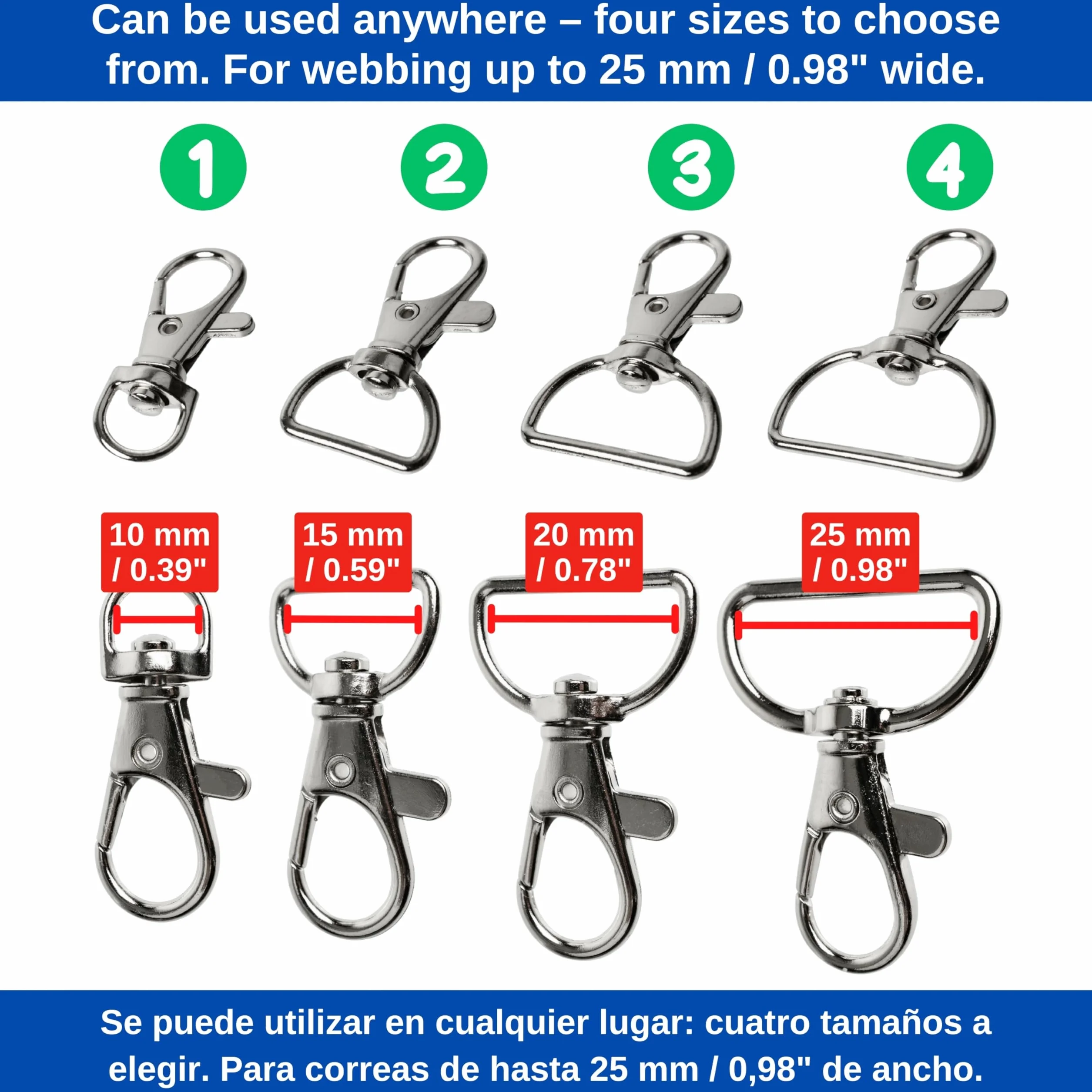 Breloczek z karabińczykiem z D-ringiem 10 mm, kółko do kluczy 25 mm, metalowe kółko obracane 360°, 24 sztuki