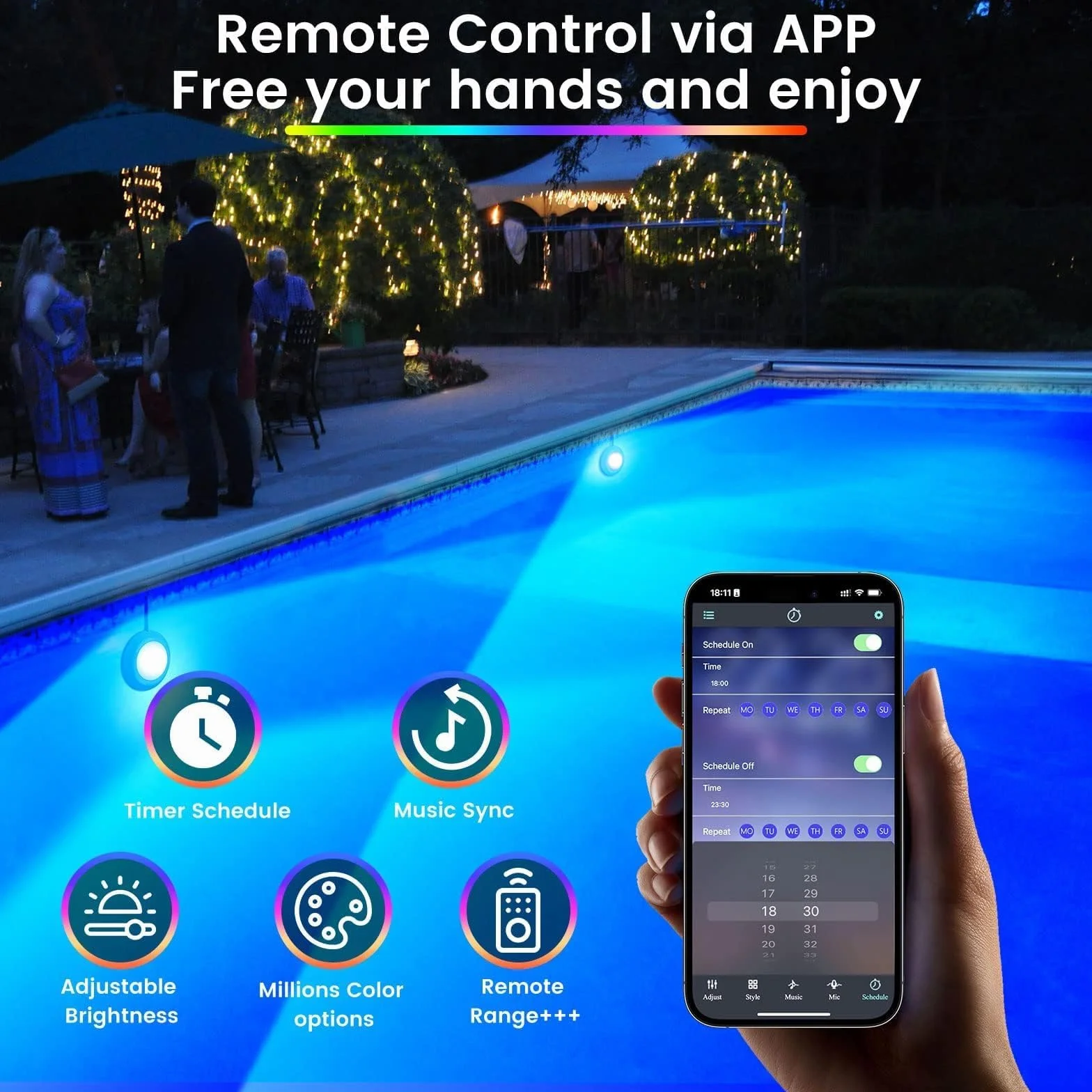 LyLmLe Oświetlenie Basenowe LED z Kontrolą APP, 40W RGB Ściemnialne podwodne światła zanurzeniowe z magnesami, IP68 Wodoodporna synchronizacja muzyczna zmieniająca kolor światła basenowego 12V, 8m